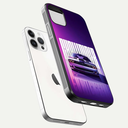 Midnight Muscle Ride Glass Case for iPhone 14 Pro floating dual-view mockup showing glossy finish and shine depth