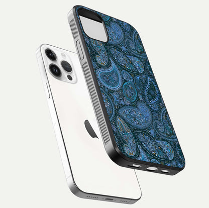 Midnight Paisley Glow Glass Case for iPhone 14 Pro floating dual-view mockup showing HD gloss and rich pattern