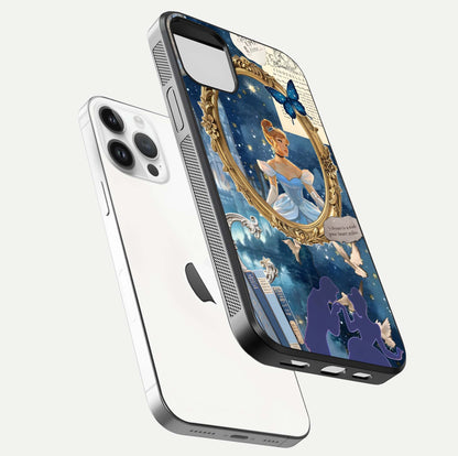 Midnight Queen Glass Case for iPhone 14 Pro floating dual-view mockup showing HD glass shine and luxury art