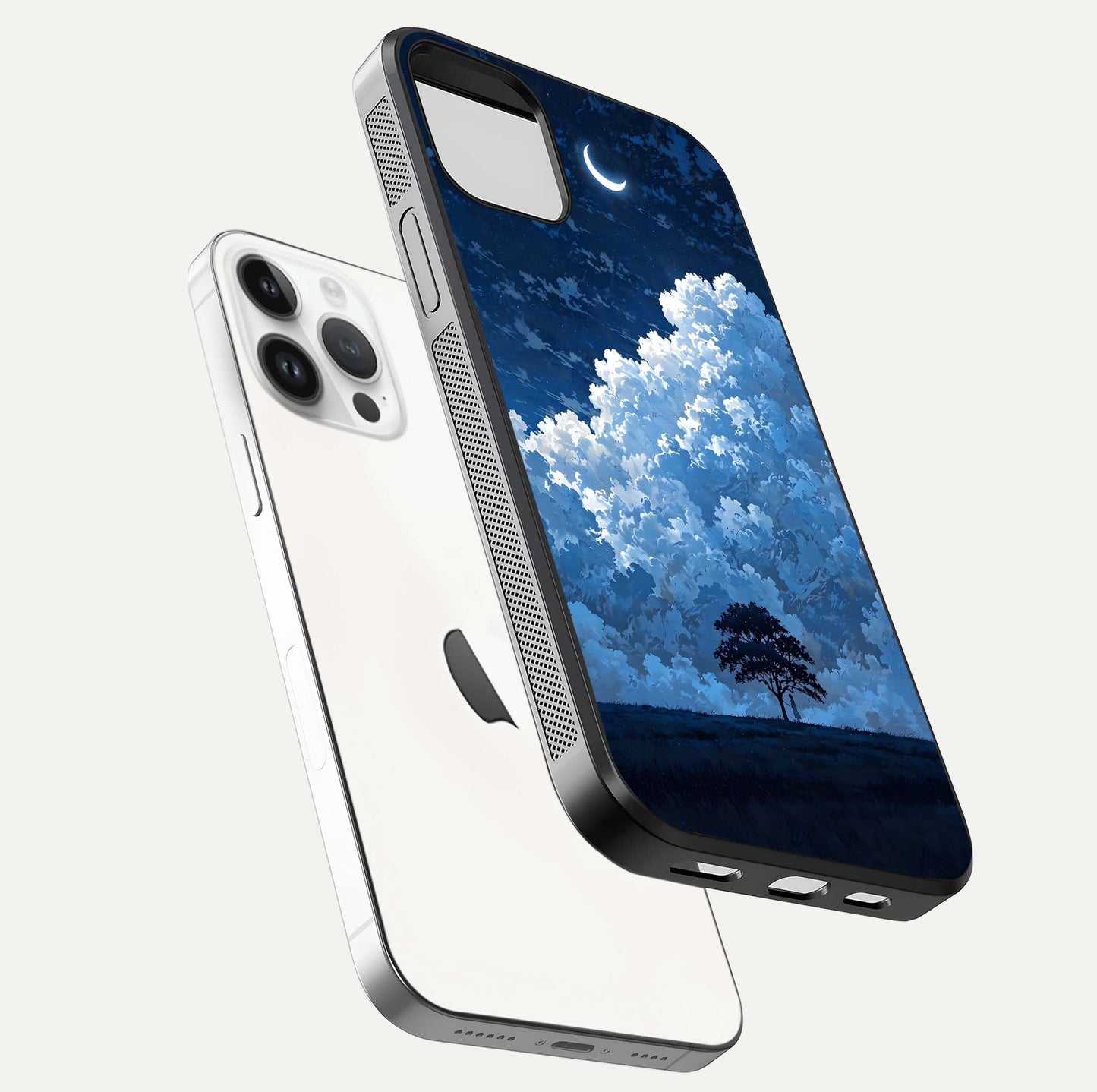 Midnight Sky Serenity Glass Case for iPhone 14 Pro floating dual-view mockup showing HD gloss and night shine
