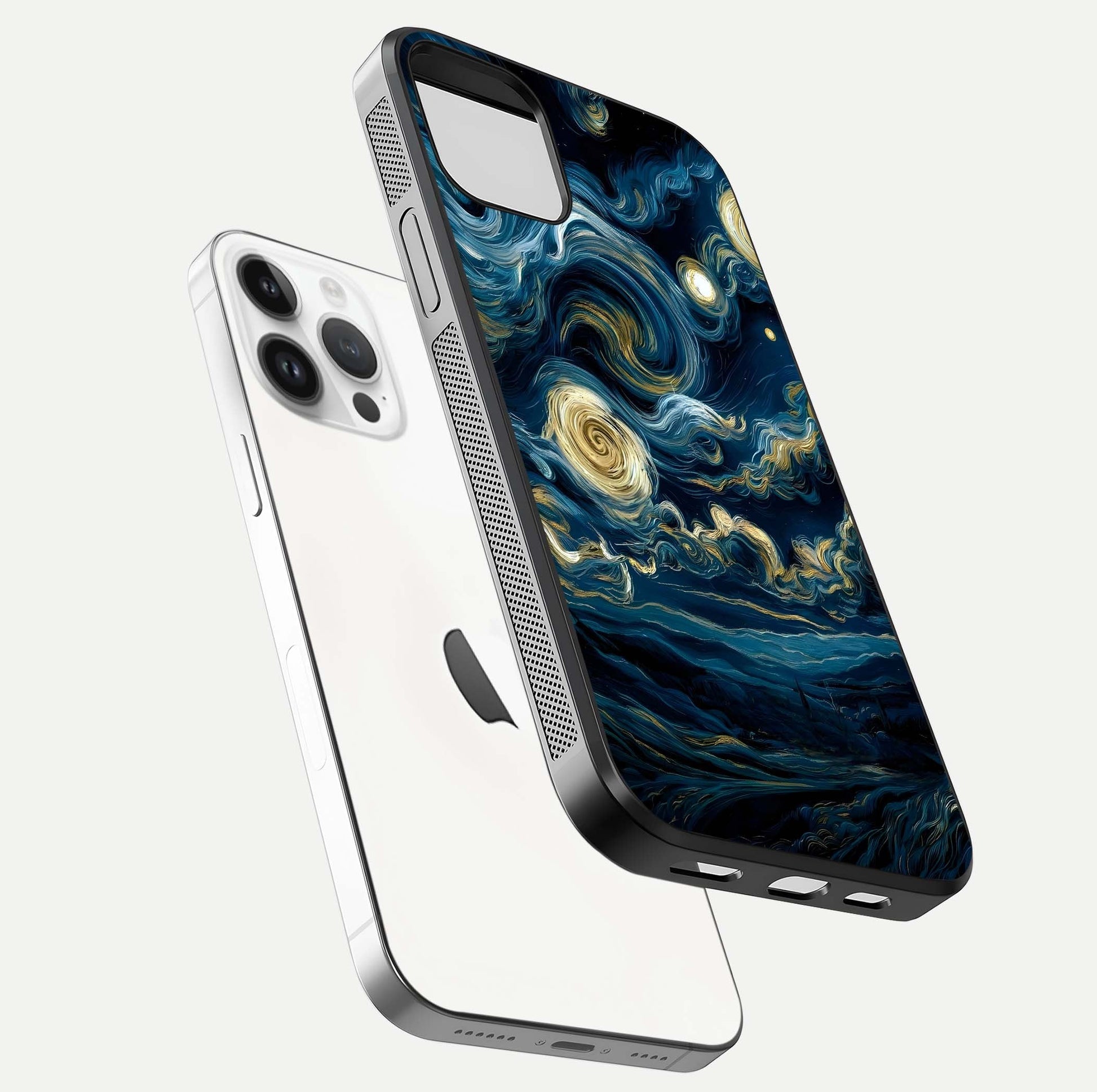 Midnight Sky Whirl Glass Case for iPhone 14 Pro floating dual-view mockup showing gloss texture and shine