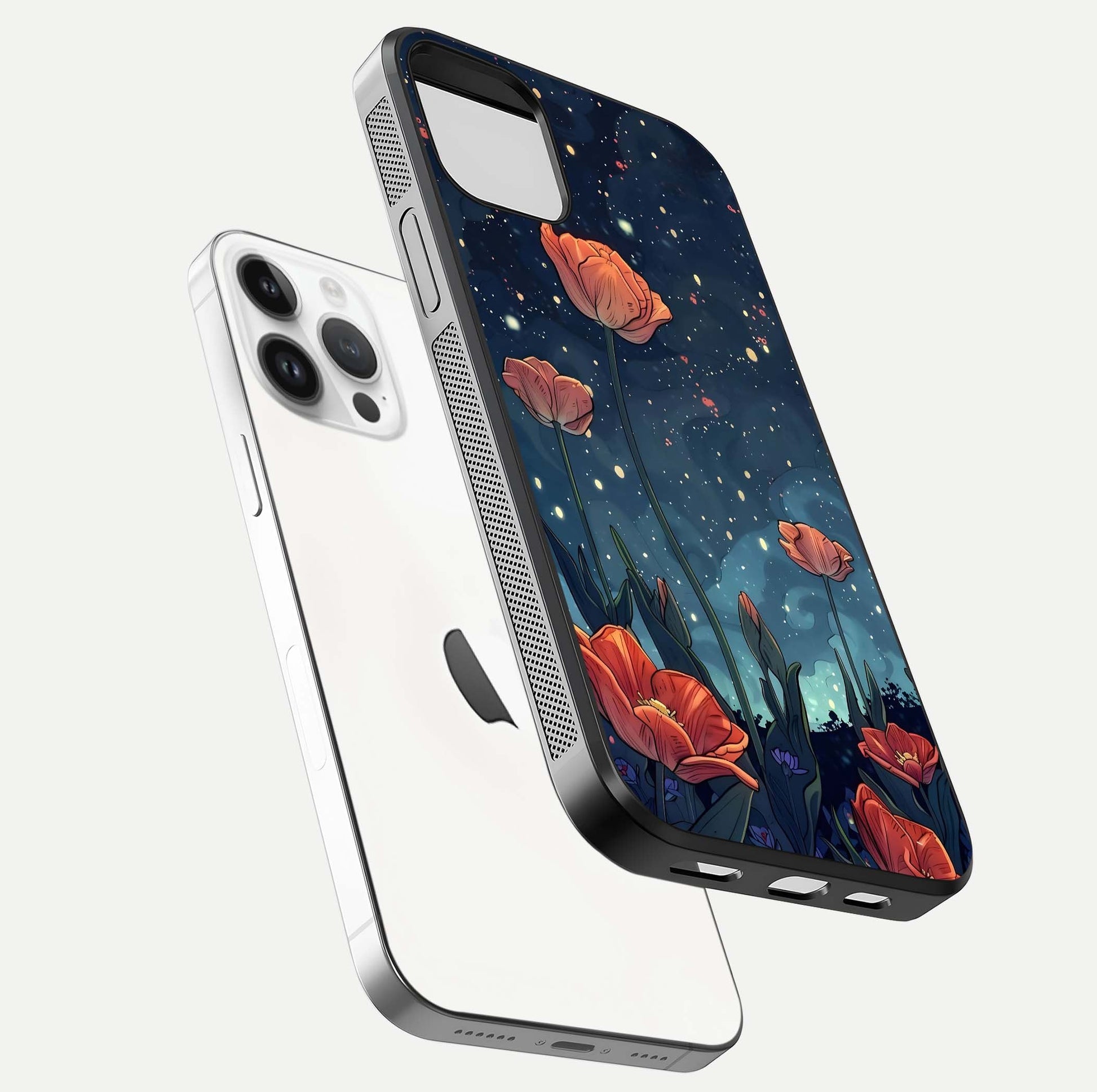 Midnight Tulip Glow Glass Case for iPhone 14 Pro floating dual-view mockup showing HD gloss and tulip tone