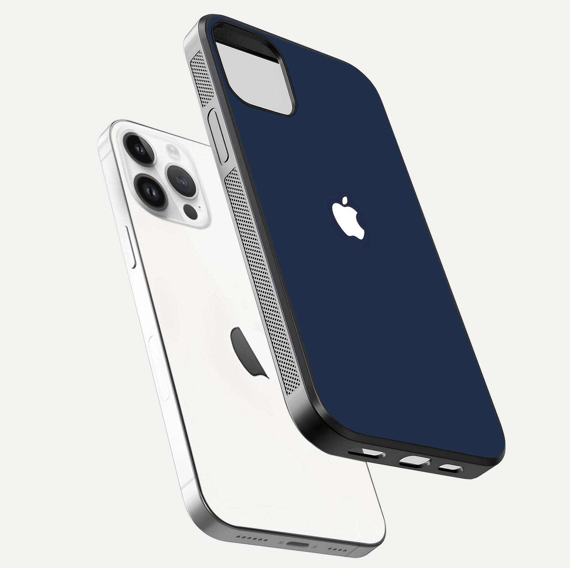 Minimal Apple Night Glass Case for iPhone 14 Pro floating dual-view mockup showing HD shine and minimal style