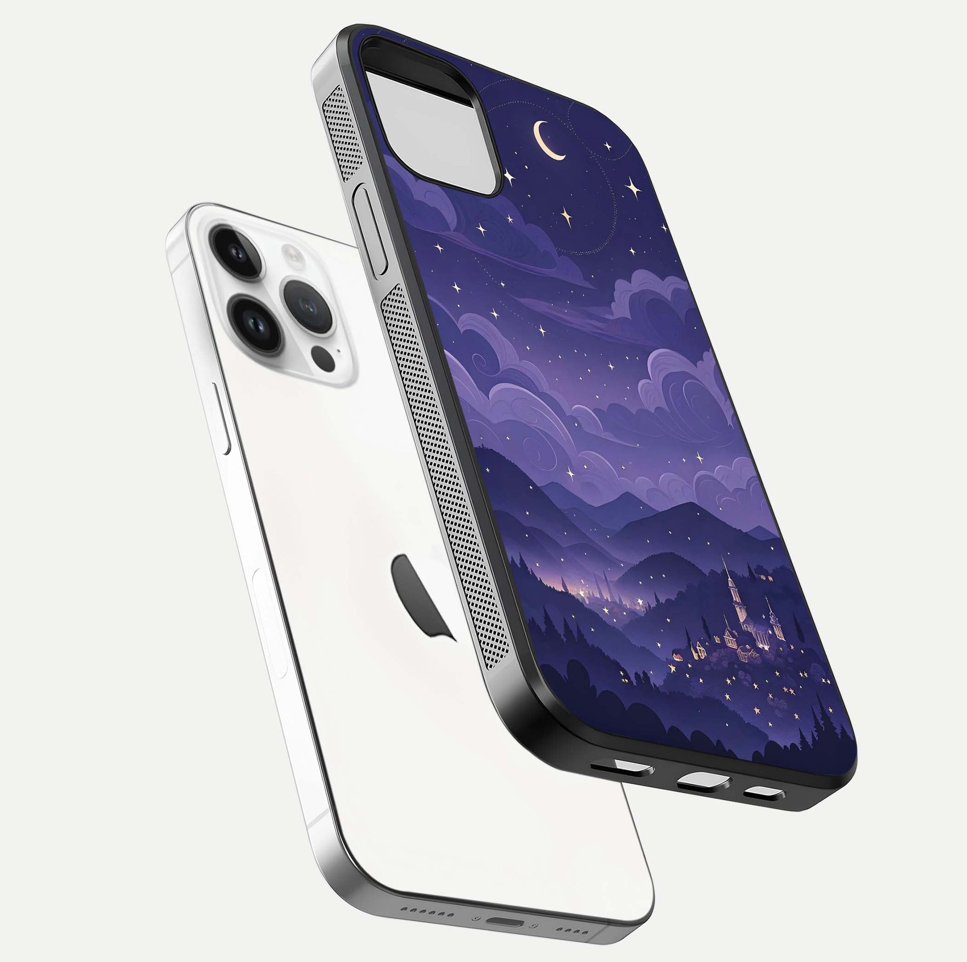 Minimal Night View Glass Case for iPhone 14 Pro floating dual-view mockup showing HD gloss and clean lines