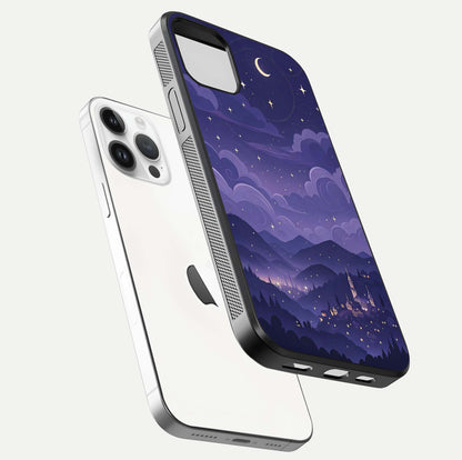 Minimal Night View Glass Case for iPhone 14 Pro floating dual-view mockup showing HD gloss and clean lines