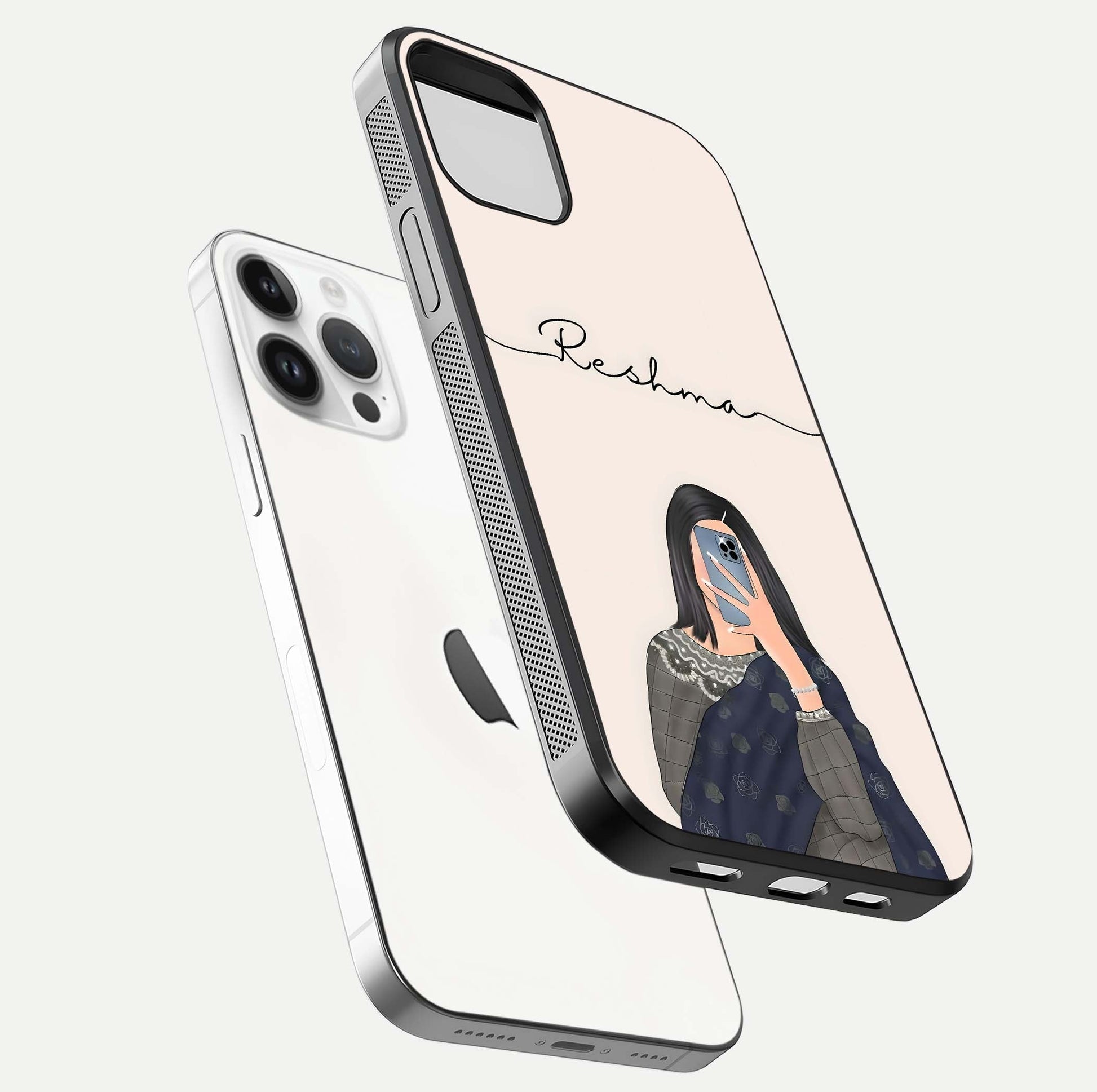 Mirror Mood Muse Custom Name Glass Case for iPhone 14 Pro floating dual-view mockup showing reflection and luxury style