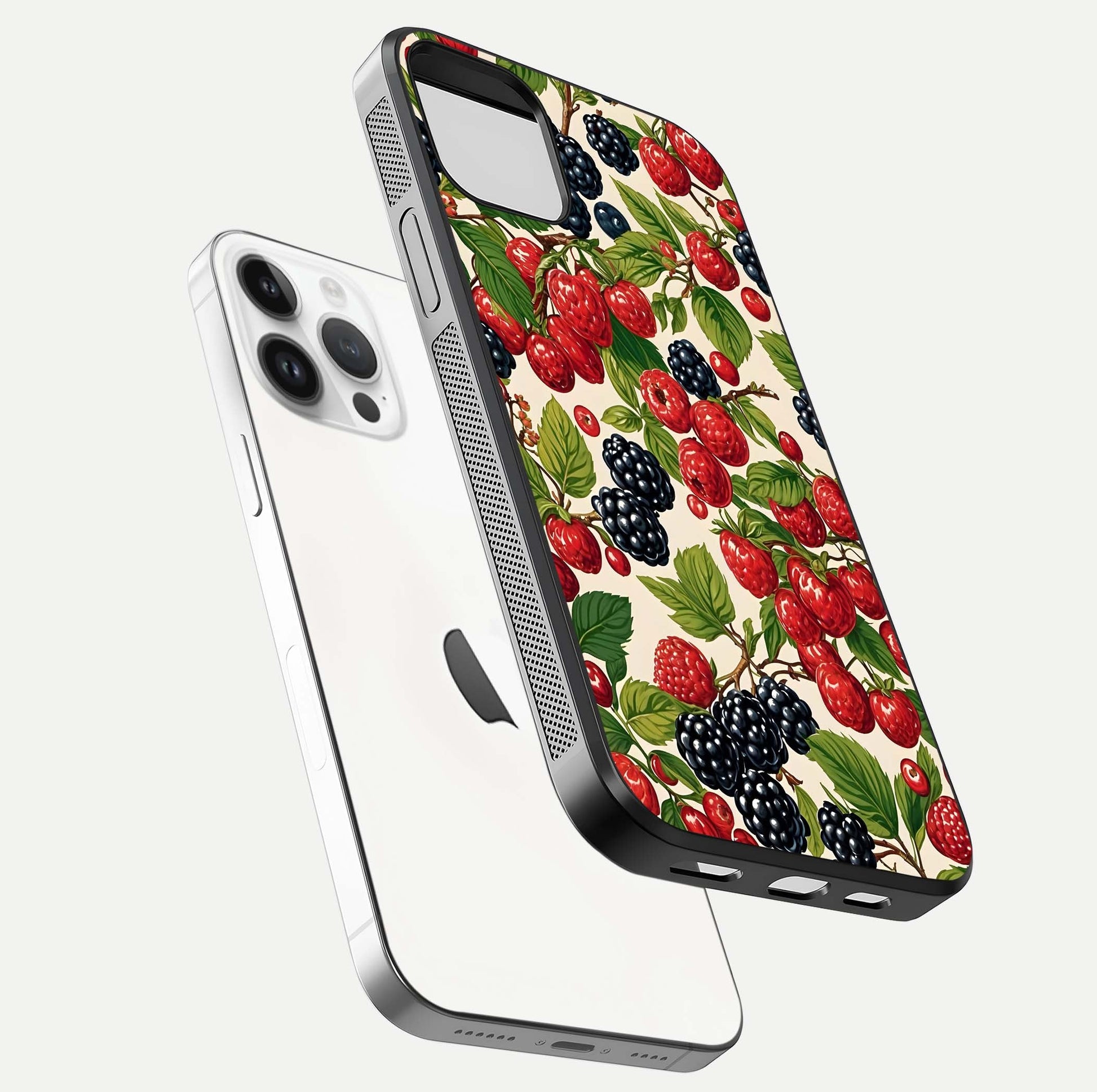 Mixed Berry Collage Glass Case for iPhone 14 Pro floating dual-view mockup showing gloss depth and vibrant design