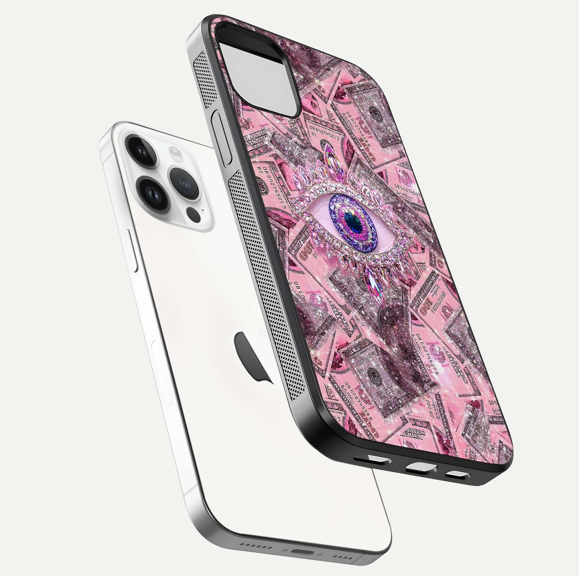 Money Eye Luxe Glass Case for iPhone 14 Pro floating dual-view mockup showing gloss surface and premium look