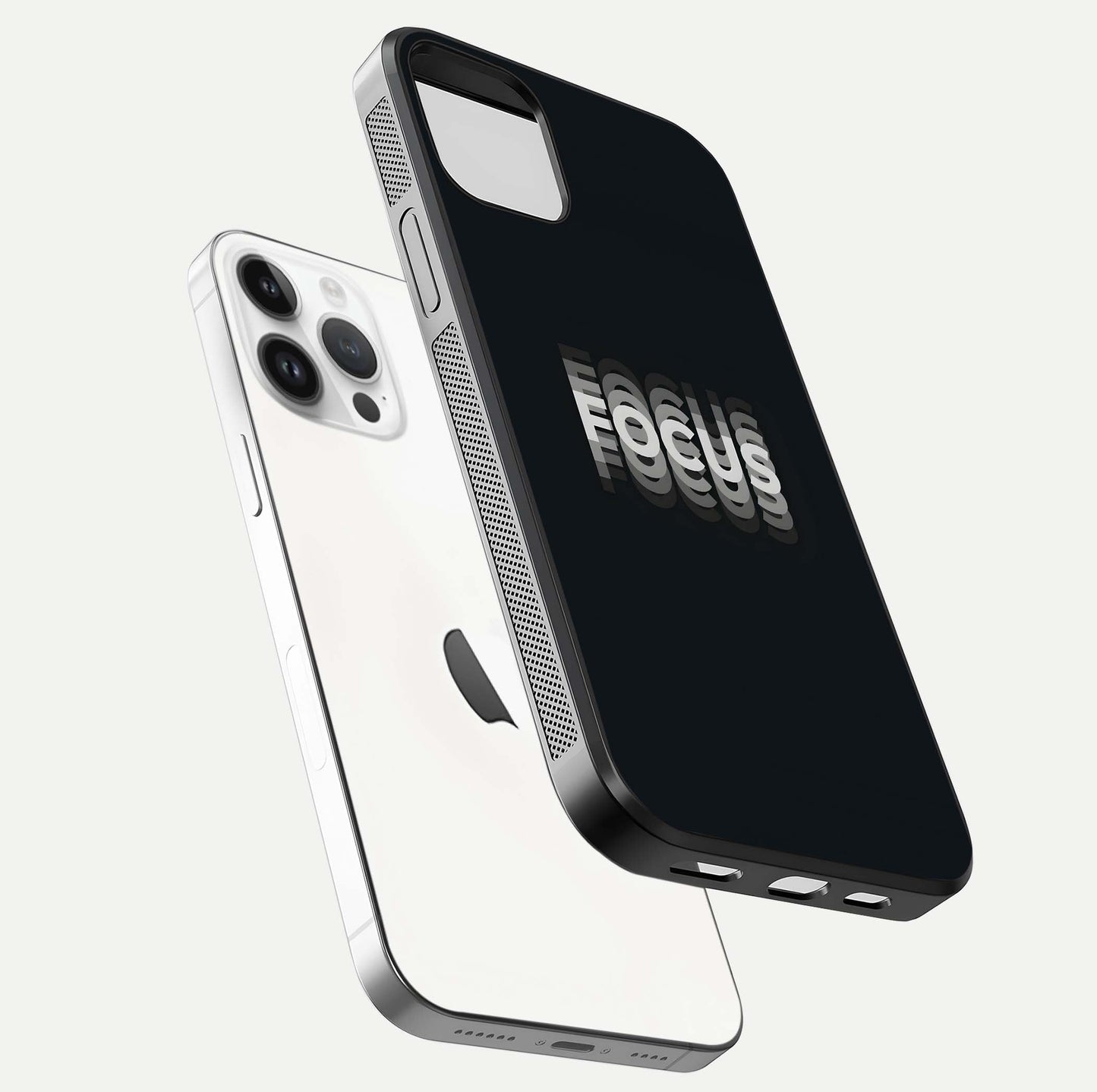 Mono Focus Vision Glass Case for iPhone 14 Pro floating dual-view mockup showing HD gloss and elegant simplicity