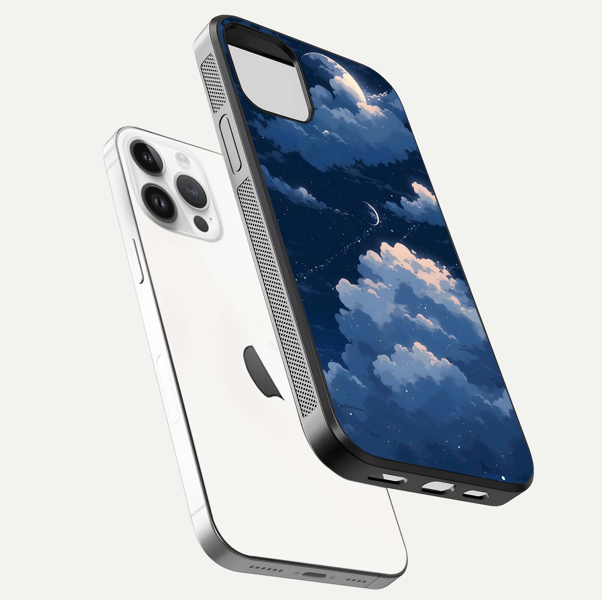 Moon Dream Haze Glass Case for iPhone 14 Pro floating dual-view mockup showing gloss texture and calm tones