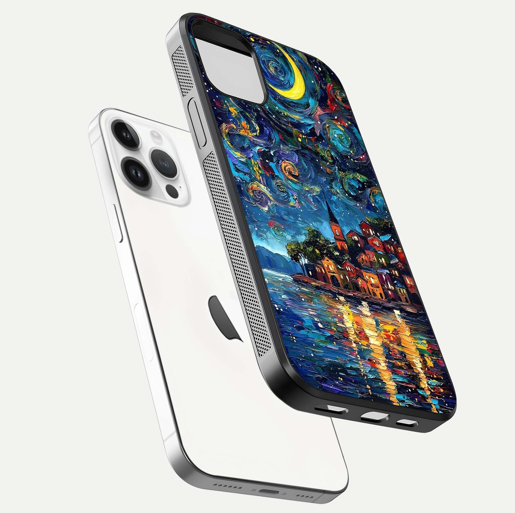 Moonlight Harbor Glow Glass Case for iPhone 14 Pro floating dual-view mockup showing gloss brightness and glow