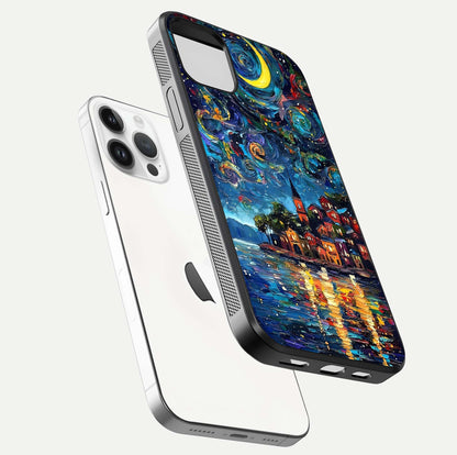 Moonlight Harbor Glow Glass Case for iPhone 14 Pro floating dual-view mockup showing gloss brightness and glow