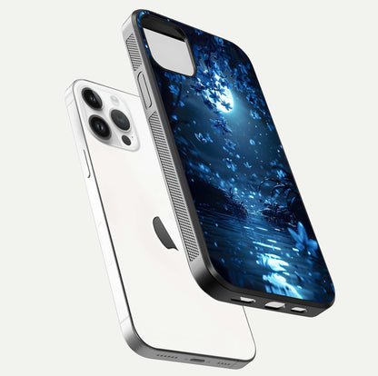 Moonlight Petal Dream Glass Case for iPhone 14 Pro floating dual-view mockup showing HD gloss and dreamy art