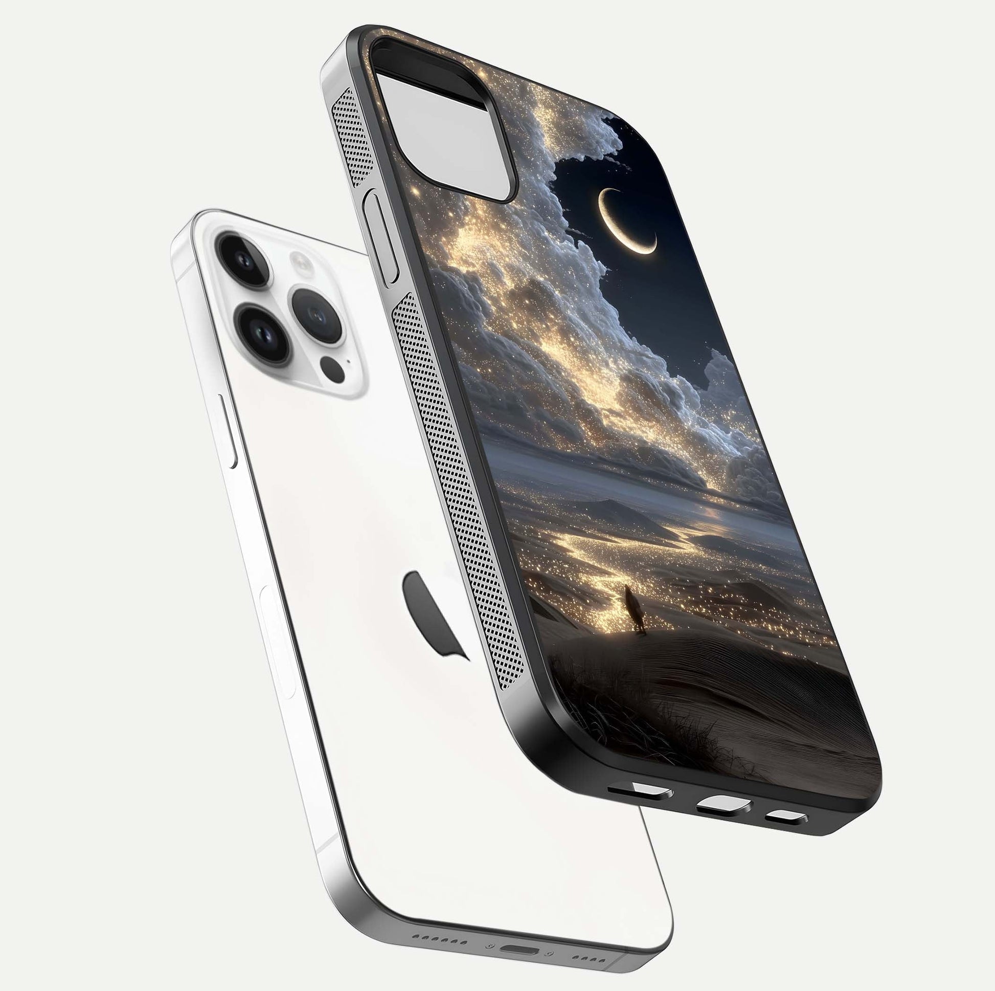 Moonlight Spark Path Glass Case for iPhone 14 Pro floating dual-view mockup showing gloss finish and shine depth