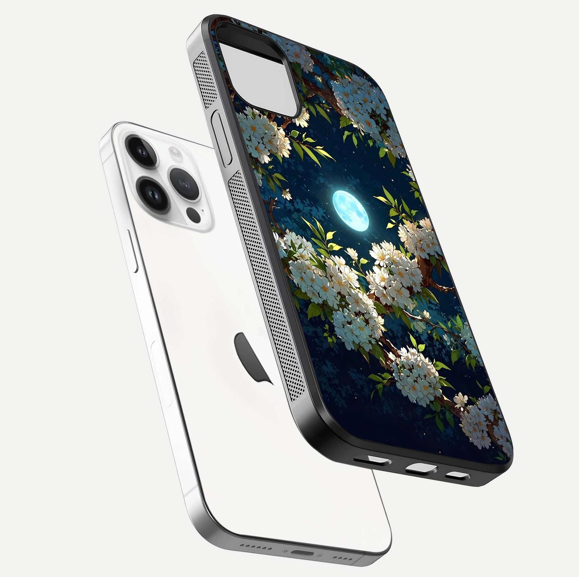 Moonlit Blossom Dream Glass Case for iPhone 14 Pro floating dual-view mockup showing gloss texture and floral tone