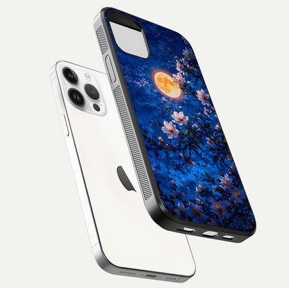 Moonlit Blossoms Night Glass Case for iPhone 14 Pro floating dual-view mockup showing HD gloss and floral contrast