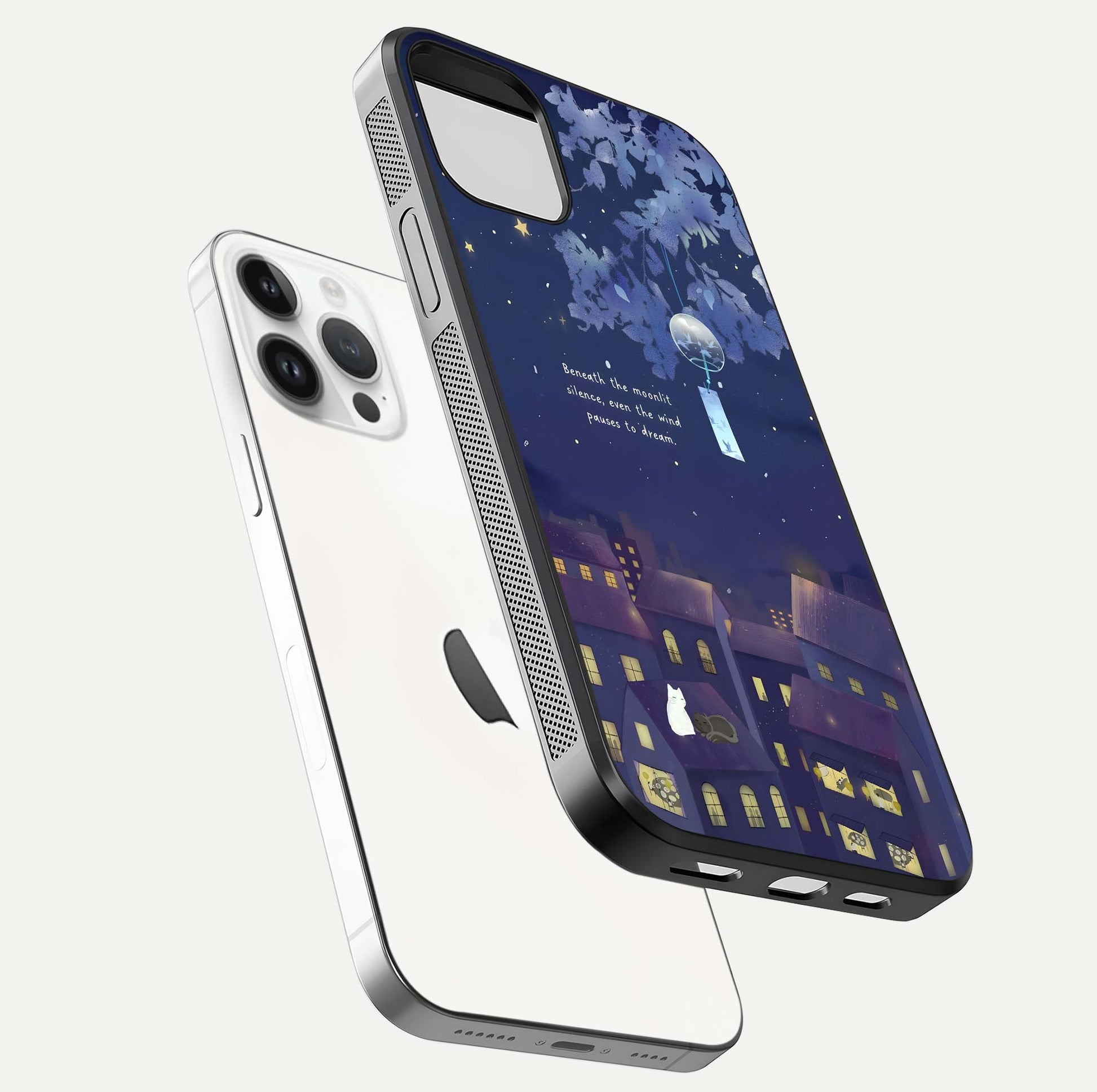 Moonlit Cat Silence Glass Case for iPhone 14 Pro floating dual-view mockup showing gloss reflection and moon art