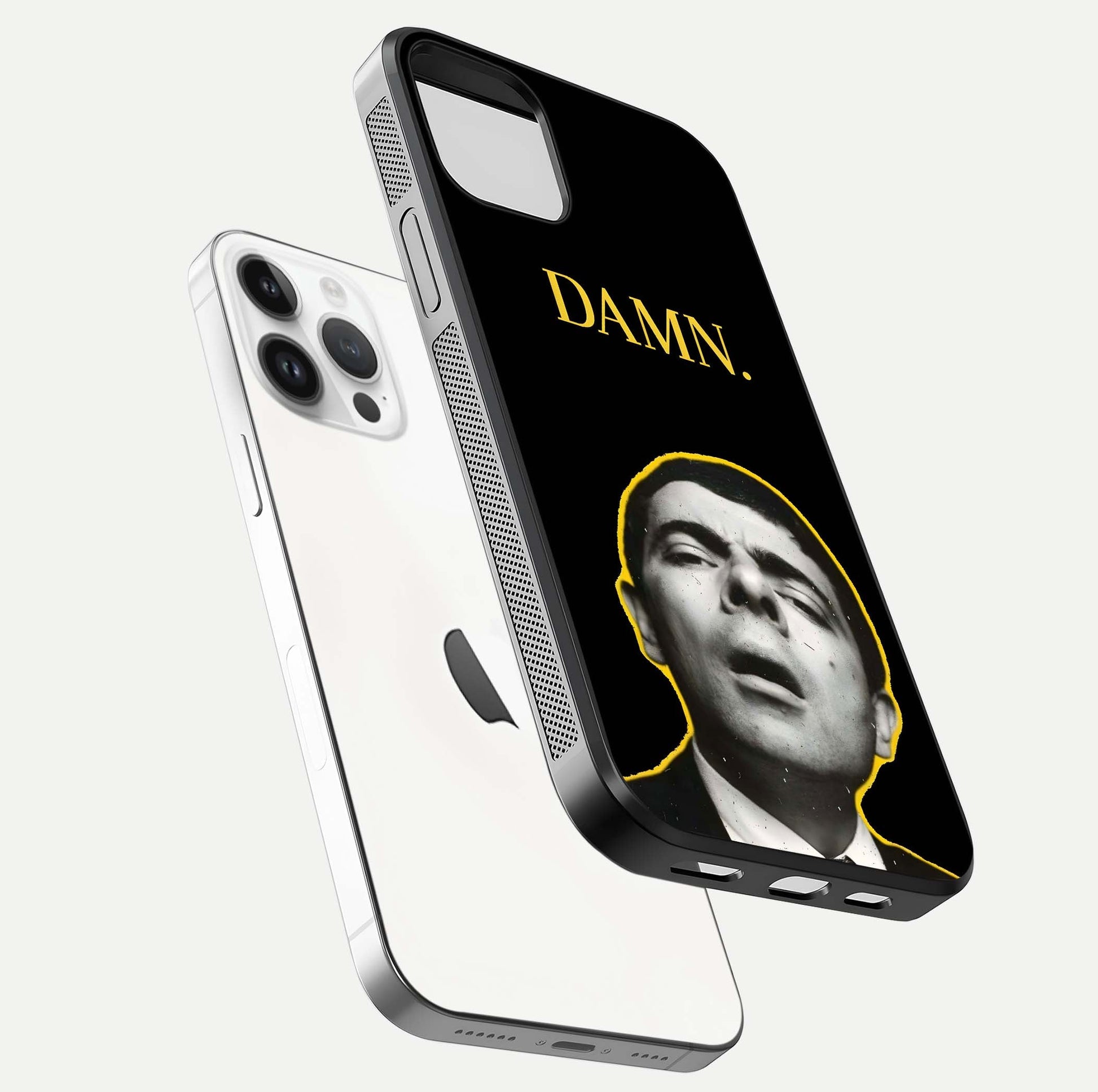Mr Bean Damn Glass Case for iPhone 14 Pro floating dual-view mockup showing reflective gloss and vivid tones