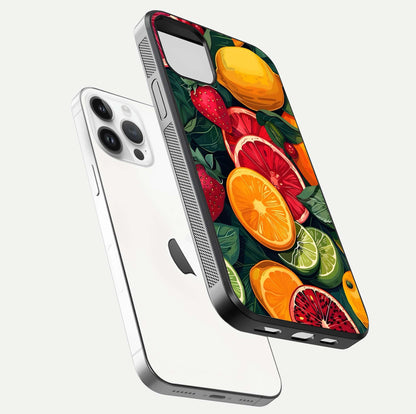 Multiple Fruits Glass Case for iPhone 14 Pro floating dual-view mockup showing reflection depth and freshness