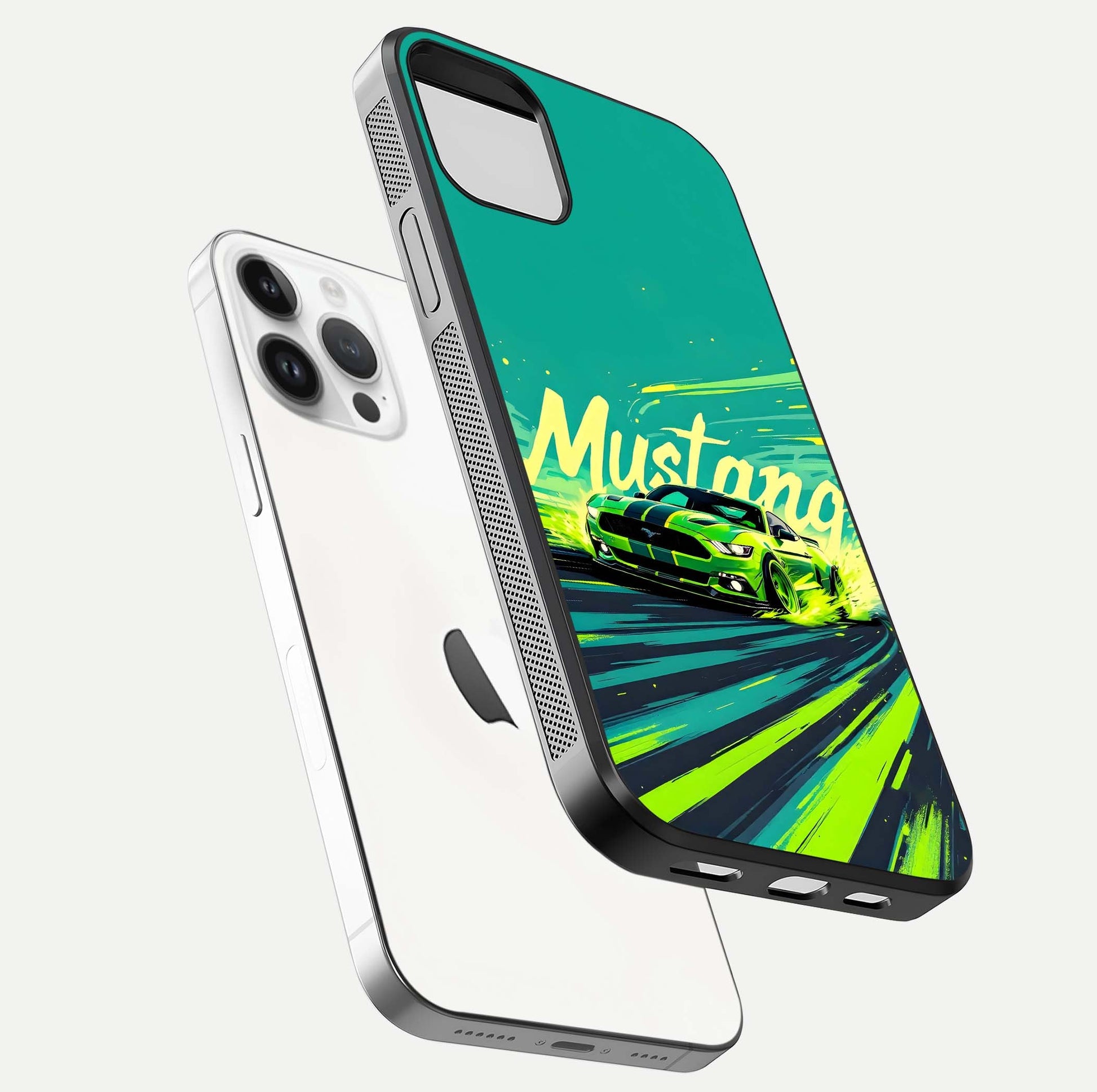 Mustang Bang Glass Case for iPhone 14 Pro floating dual-view mockup showing gloss depth and power design