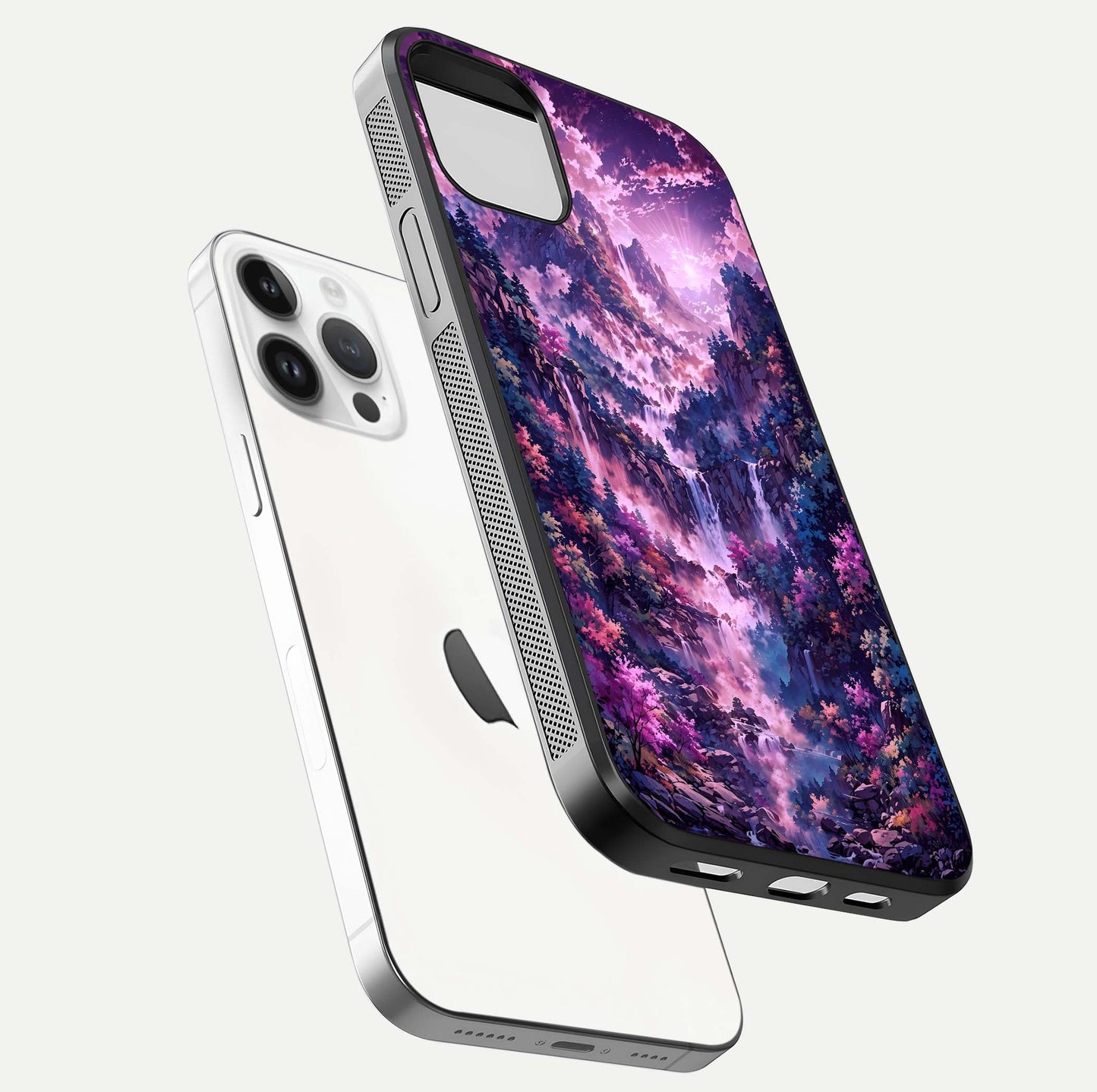 Mystic Cascade Peaks Glass Case for iPhone 14 Pro floating dual-view mockup showing gloss texture and depth