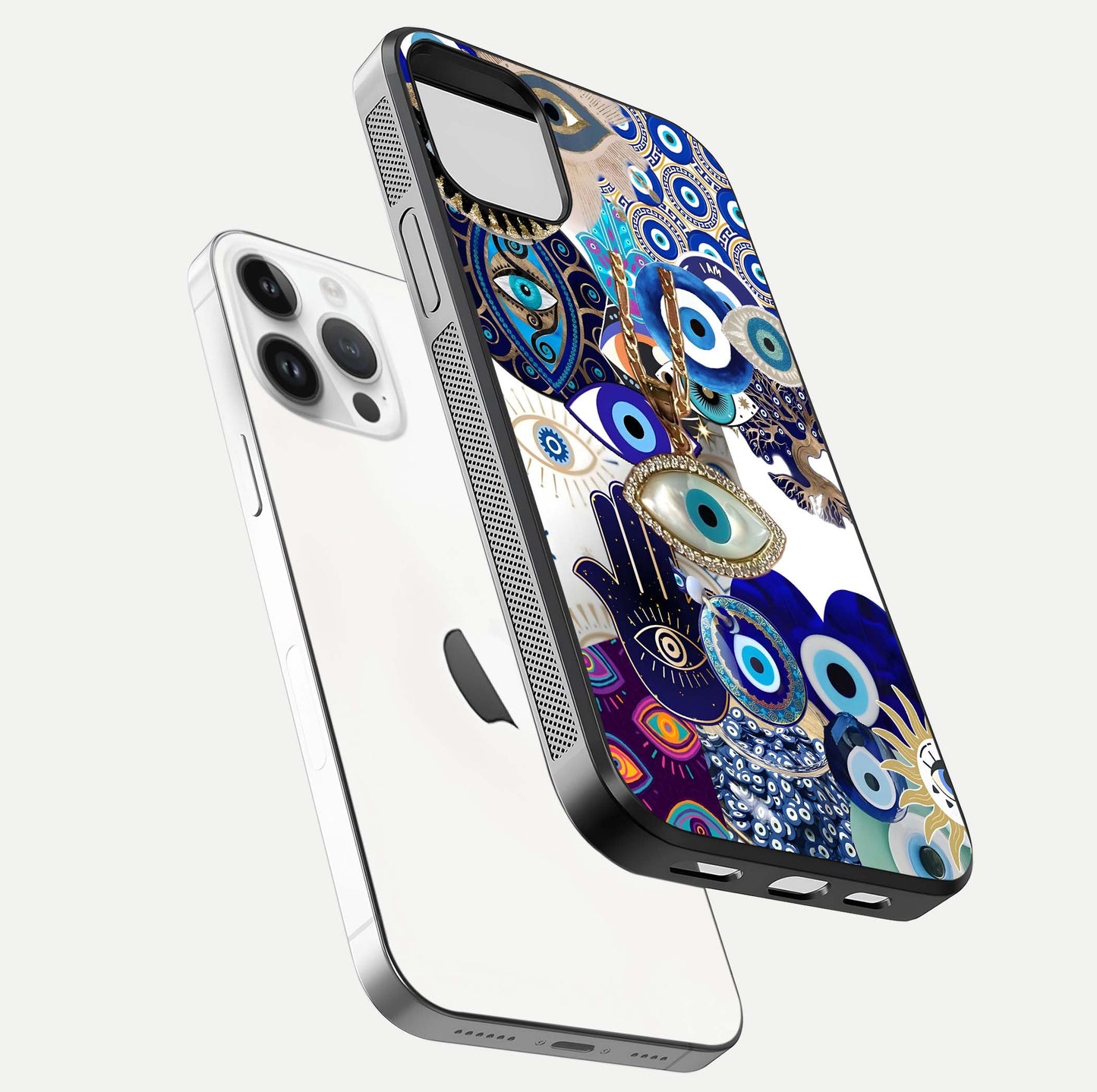 Mystic Charm Eye Glass Case for iPhone 14 Pro floating dual-view mockup showing gloss glow and charm symbol