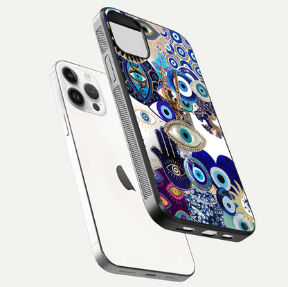 Mystic Charm Eye Glass Case for iPhone 14 Pro floating dual-view mockup showing gloss glow and charm symbol