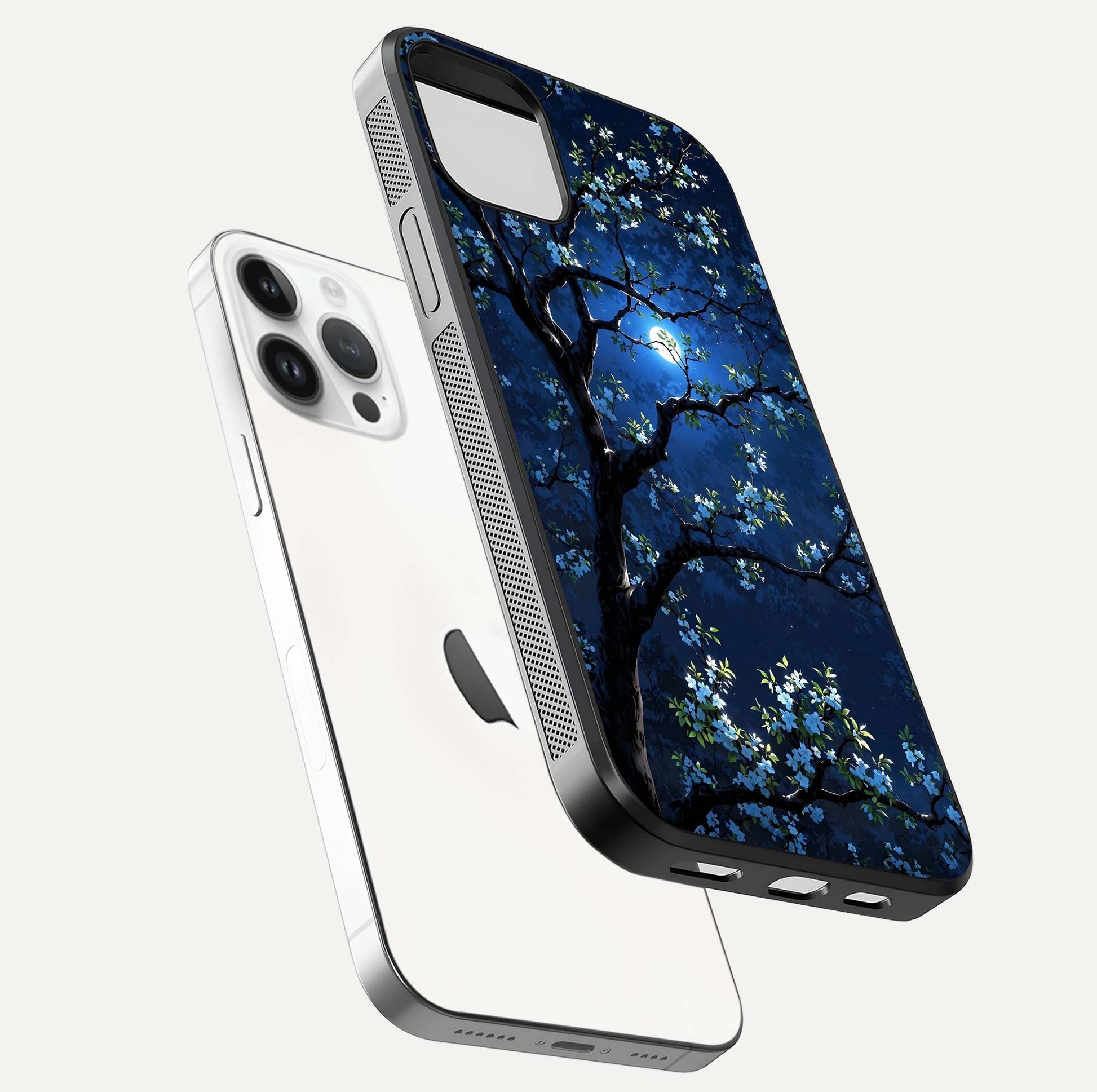Mystic Floral Night Glass Case for iPhone 14 Pro floating dual-view mockup displaying shine and rich color depth