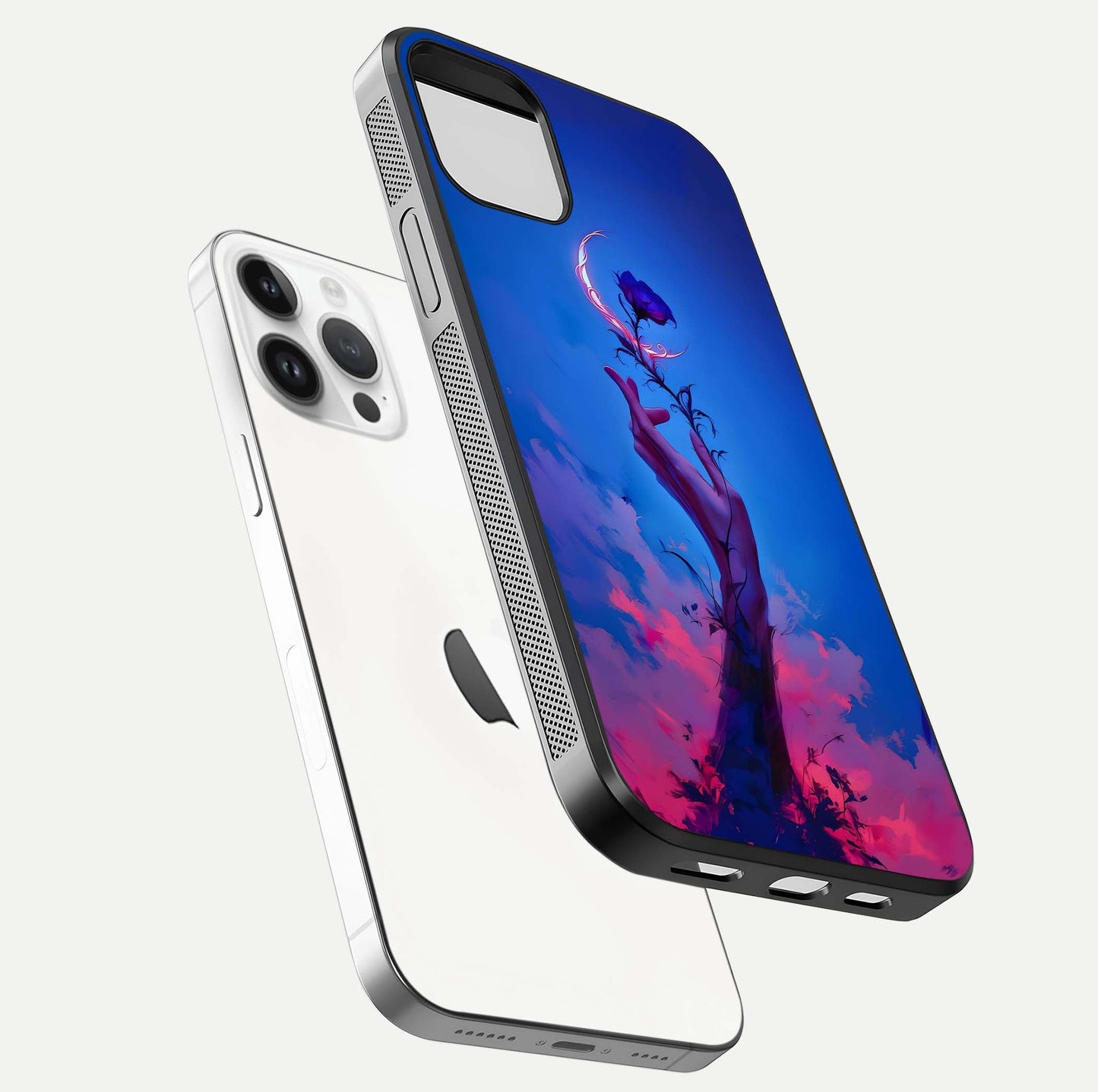 Mystic Hand Glass Case for iPhone 14 Pro floating dual-view mockup showing HD shine and fine palm detail