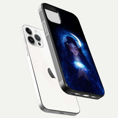 Mystic Moon Queen Glass Case for iPhone 14 Pro floating dual-view mockup showing HD gloss and cosmic glow