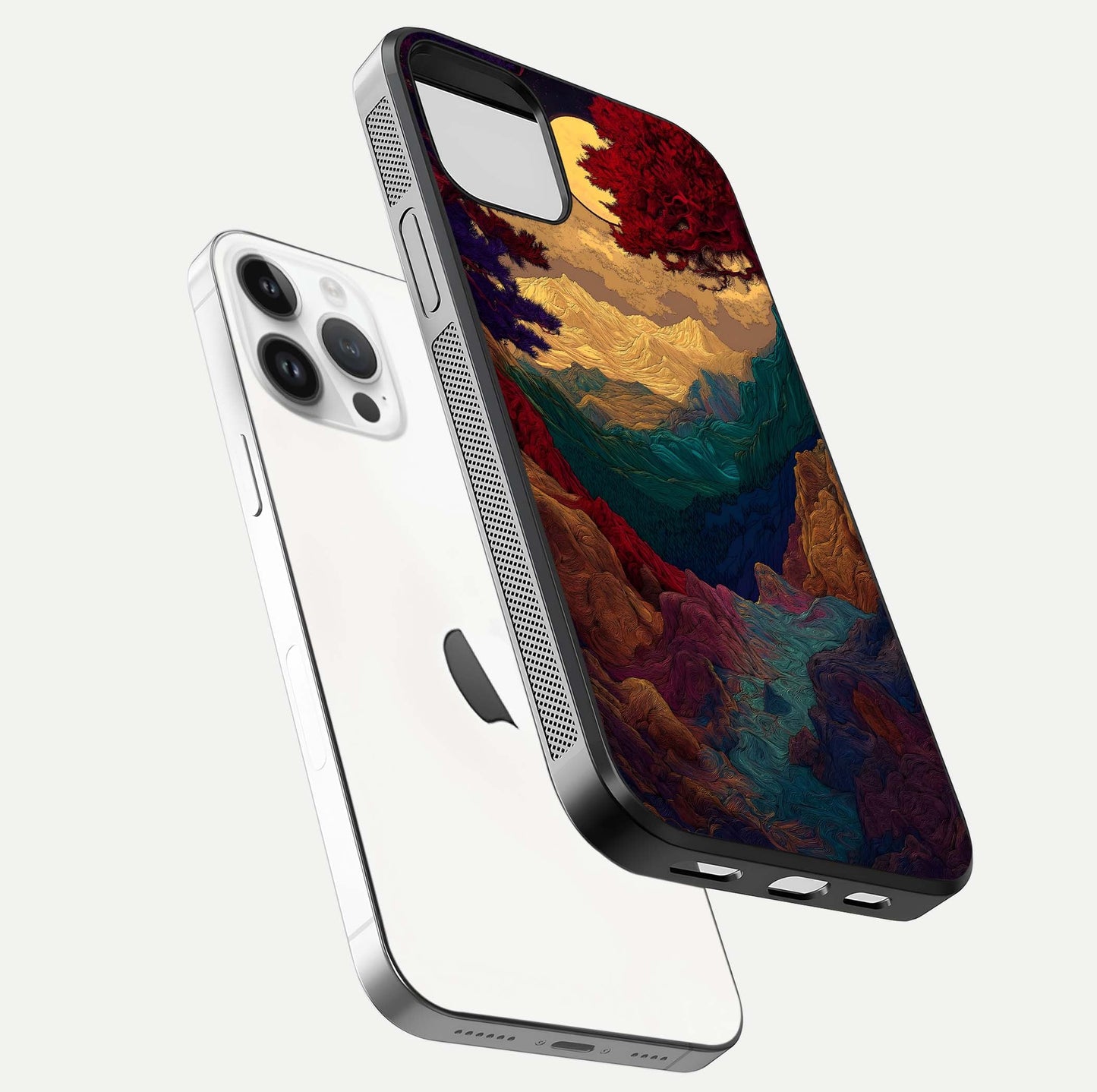 Mystic Valley Light Glass Case for iPhone 14 Pro floating dual-view mockup showing HD gloss and light blend