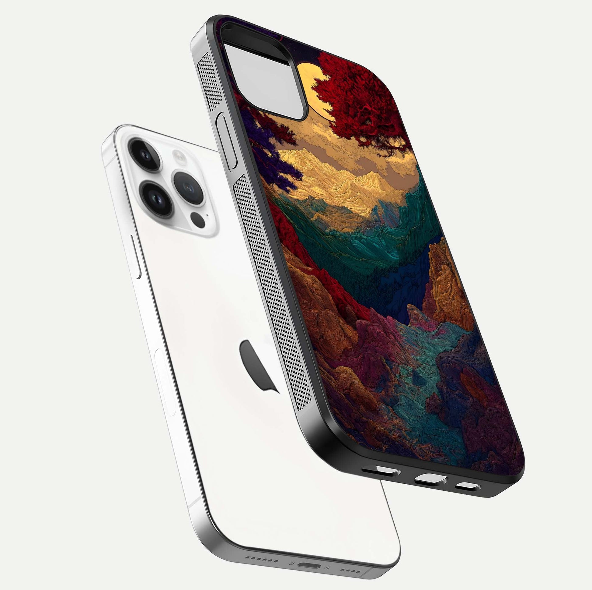 Mystic Valley Light Glass Case for iPhone 14 Pro floating dual-view mockup showing HD gloss and light blend