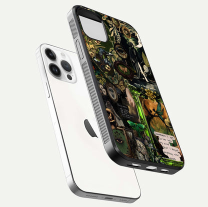 Mystic Woods Secret Glass Case for iPhone 14 Pro floating dual-view mockup showing HD shine and depth