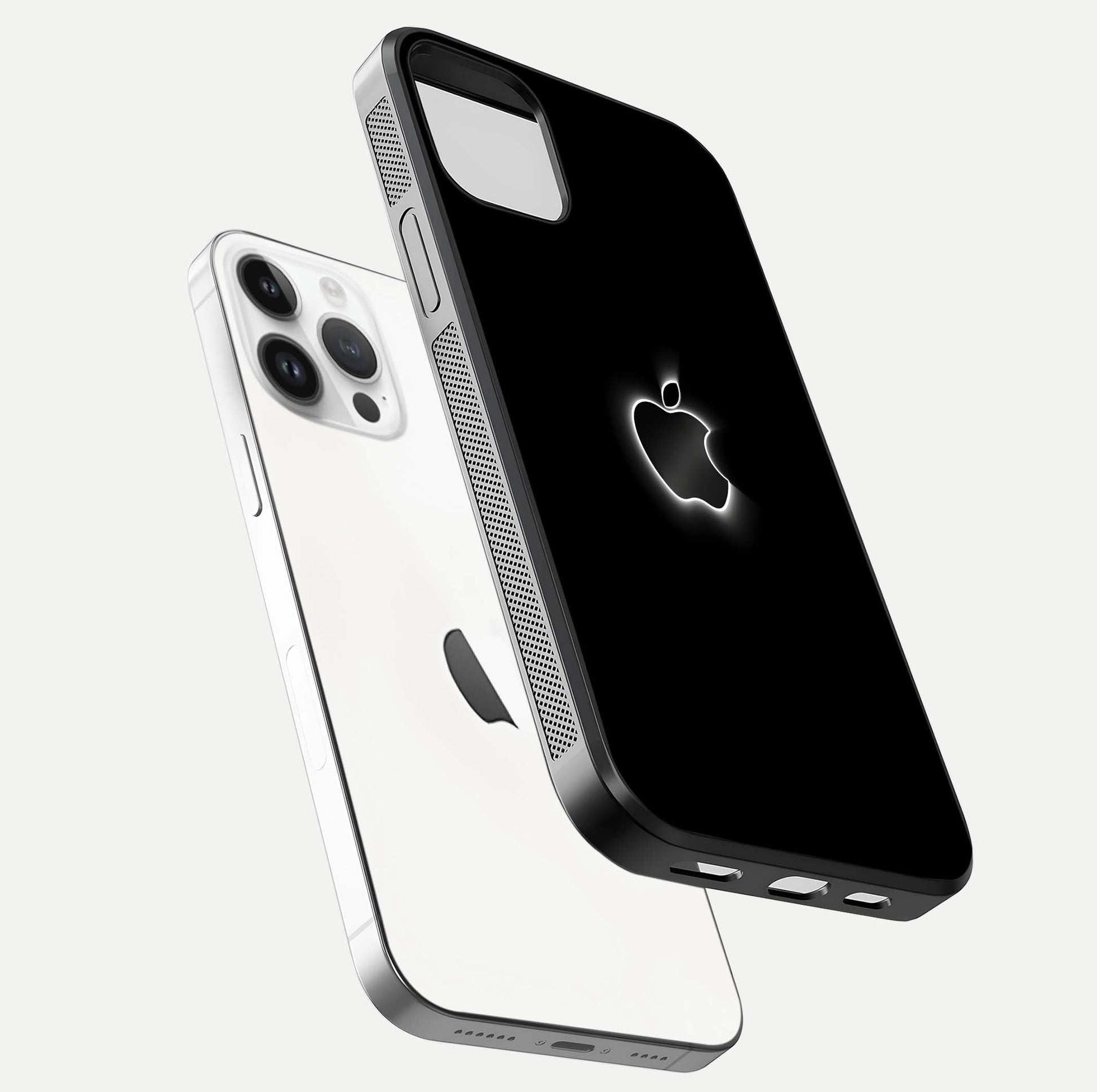 Neon Apple Glow Glass Case for iPhone 14 Pro floating dual-view mockup showing HD shine and modern look