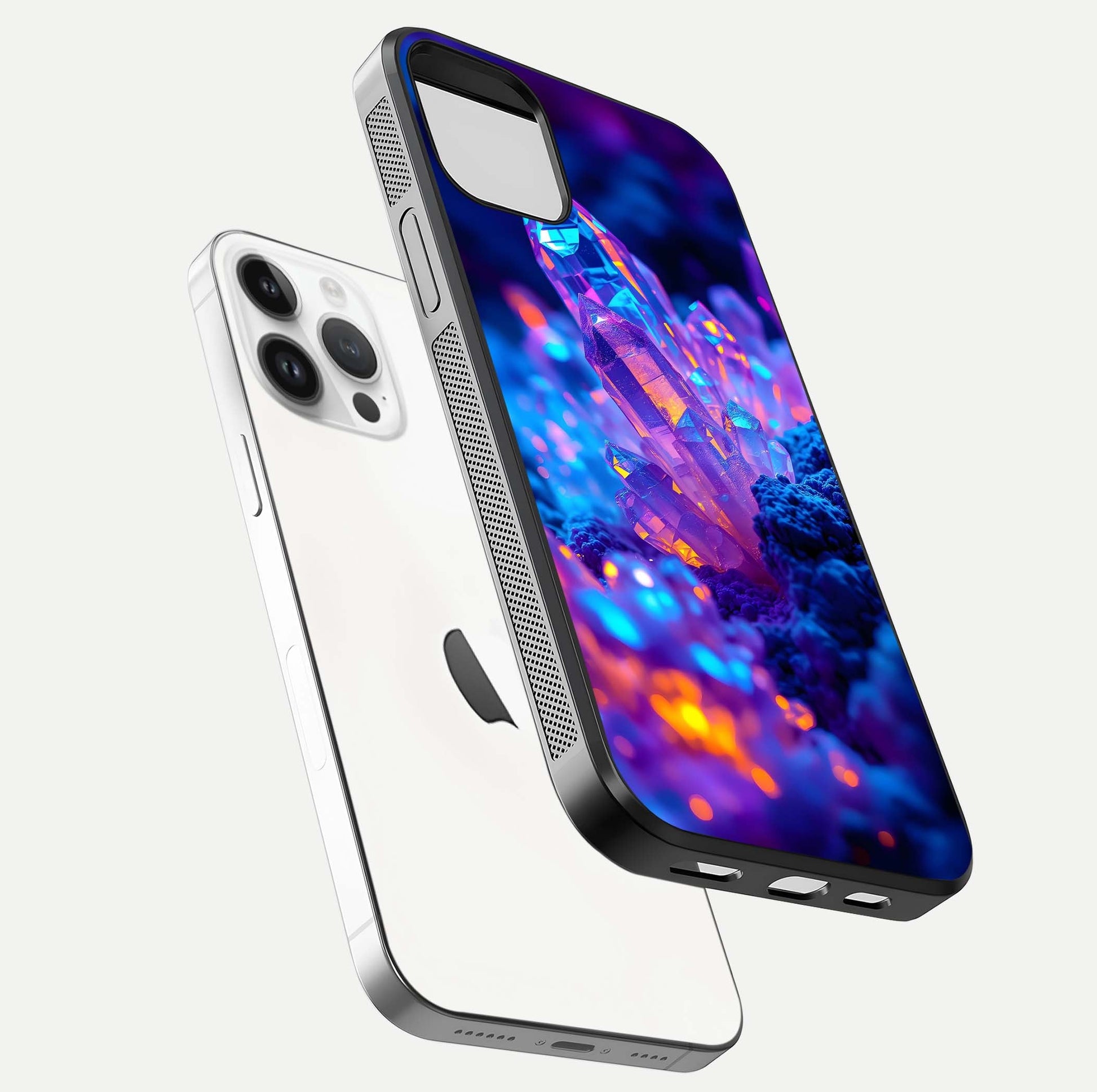 Neon Aura Shards Glass Case for iPhone 14 Pro floating dual-view mockup showing HD shine and shard texture