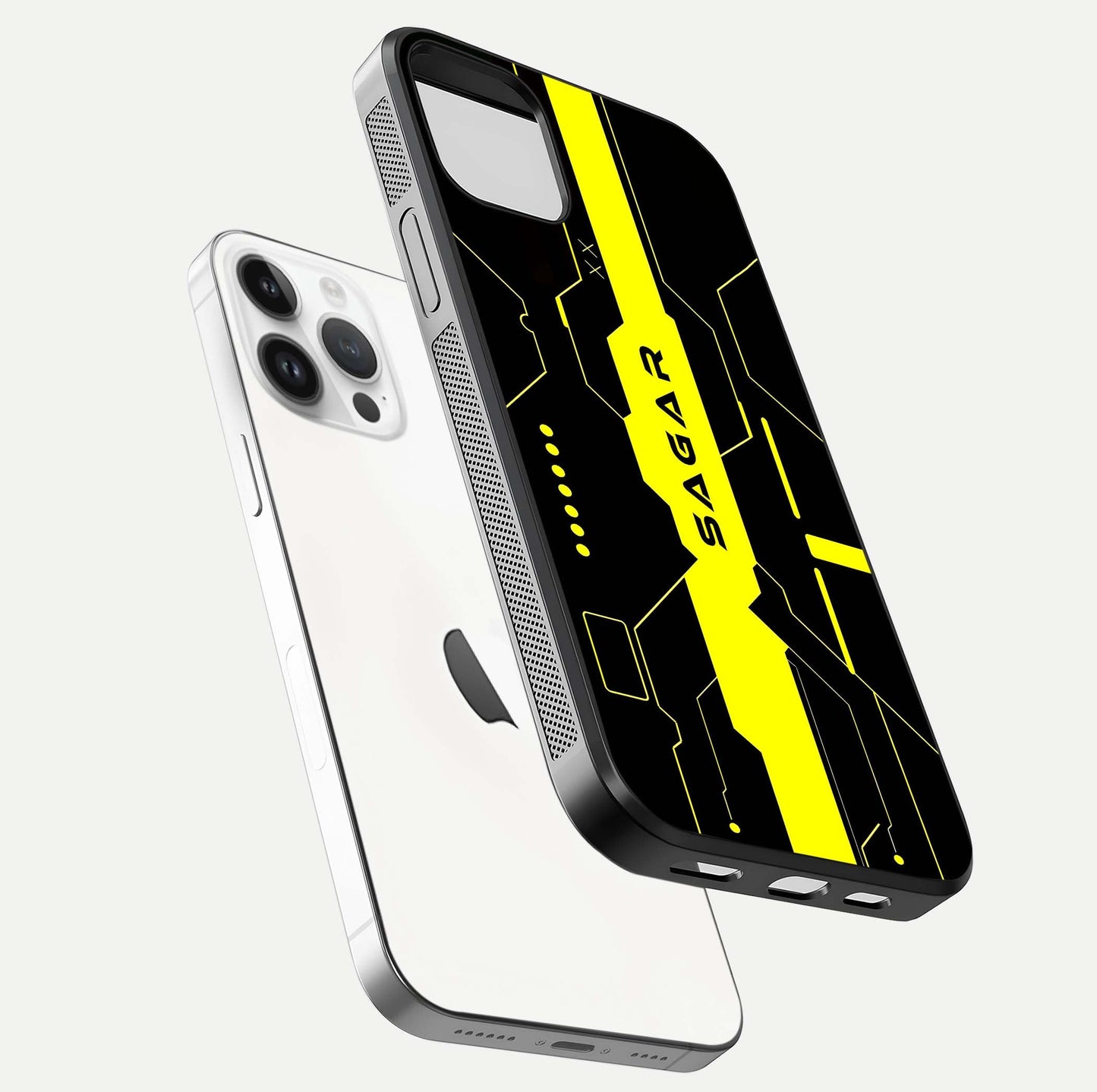 Neon CYBERPUNK Custom Name Glass Case for iPhone 14 Pro floating dual-view mockup showing HD shine and neon lines