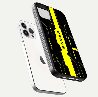 Neon CYBERPUNK Custom Name Glass Case for iPhone 14 Pro floating dual-view mockup showing HD shine and neon lines