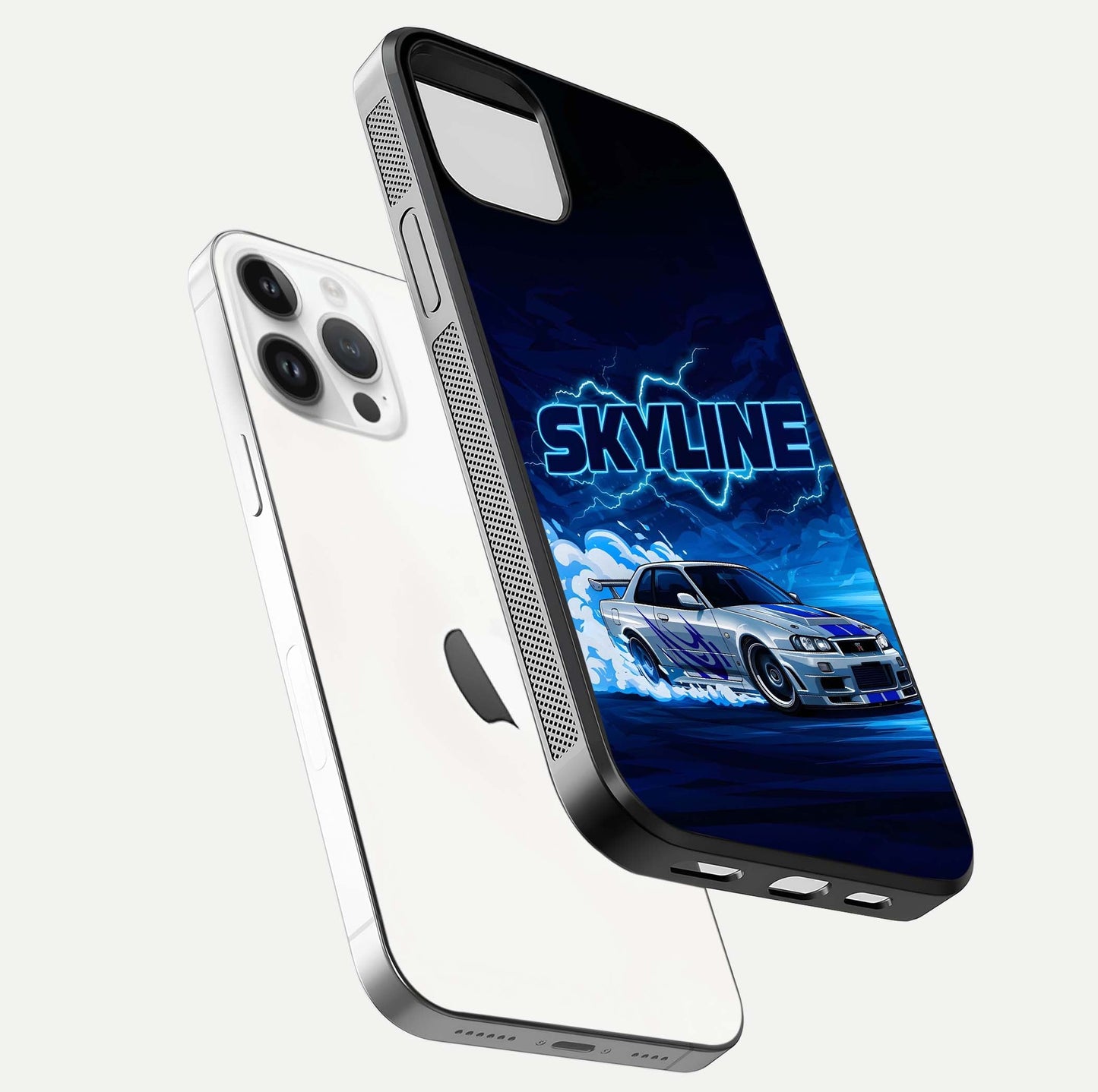 Neon Drift Beast Glass Case for iPhone 14 Pro floating dual-view mockup showing gloss texture and motion glow