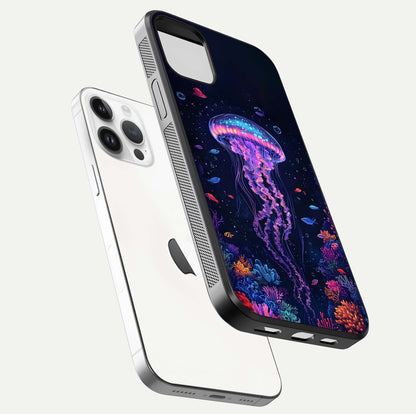 Neon Jellyfish Glass Case for iPhone 14 Pro floating dual-view mockup showing gloss texture and underwater glow