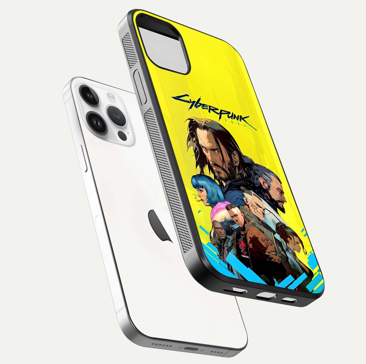 Neon Rebel Genesis Glass Case for iPhone 14 Pro floating dual-view mockup showing electric glow and depth