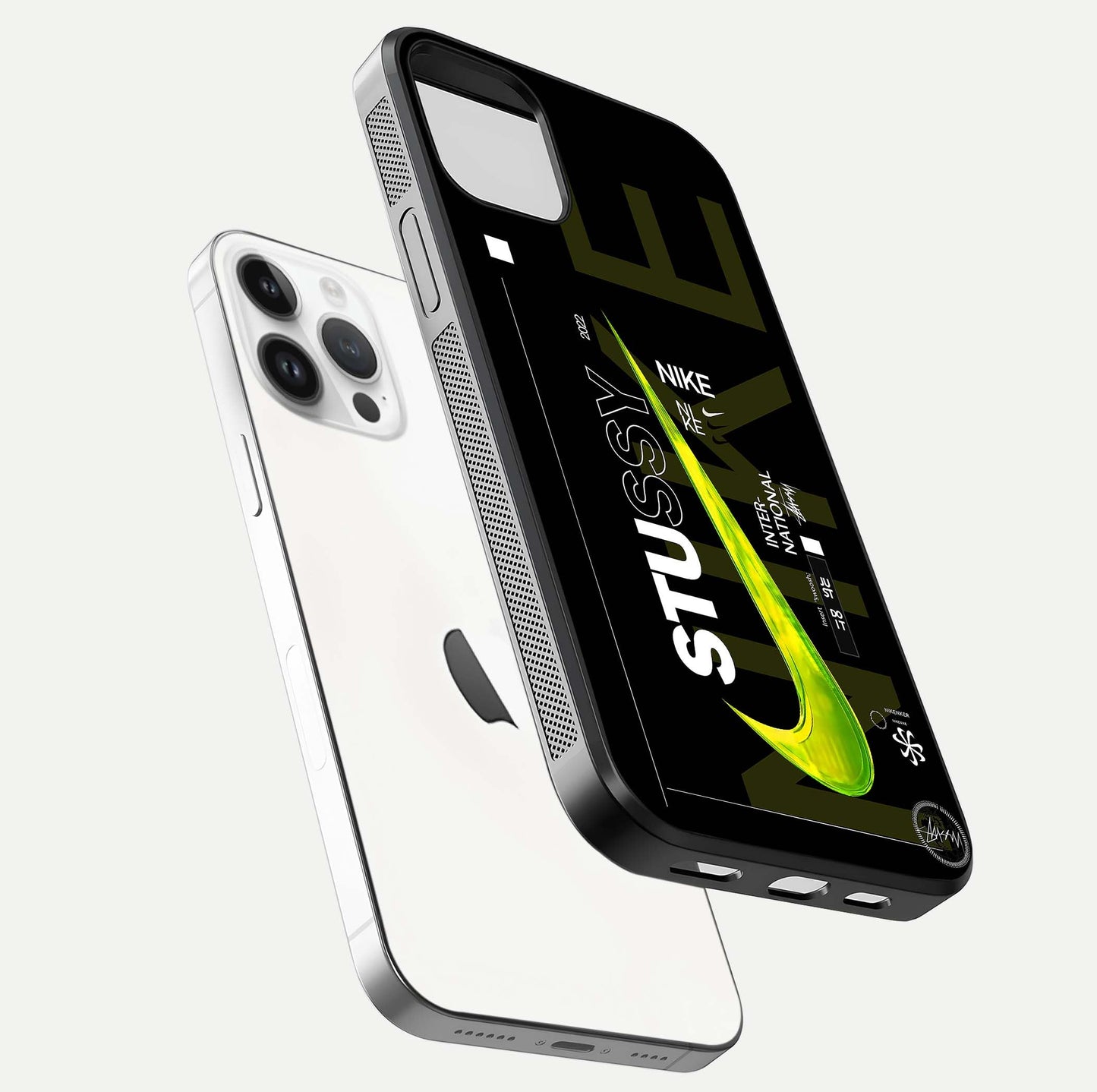 Neon Street Edition Glass Case for iPhone 14 Pro floating dual-view mockup showing HD gloss and neon glow