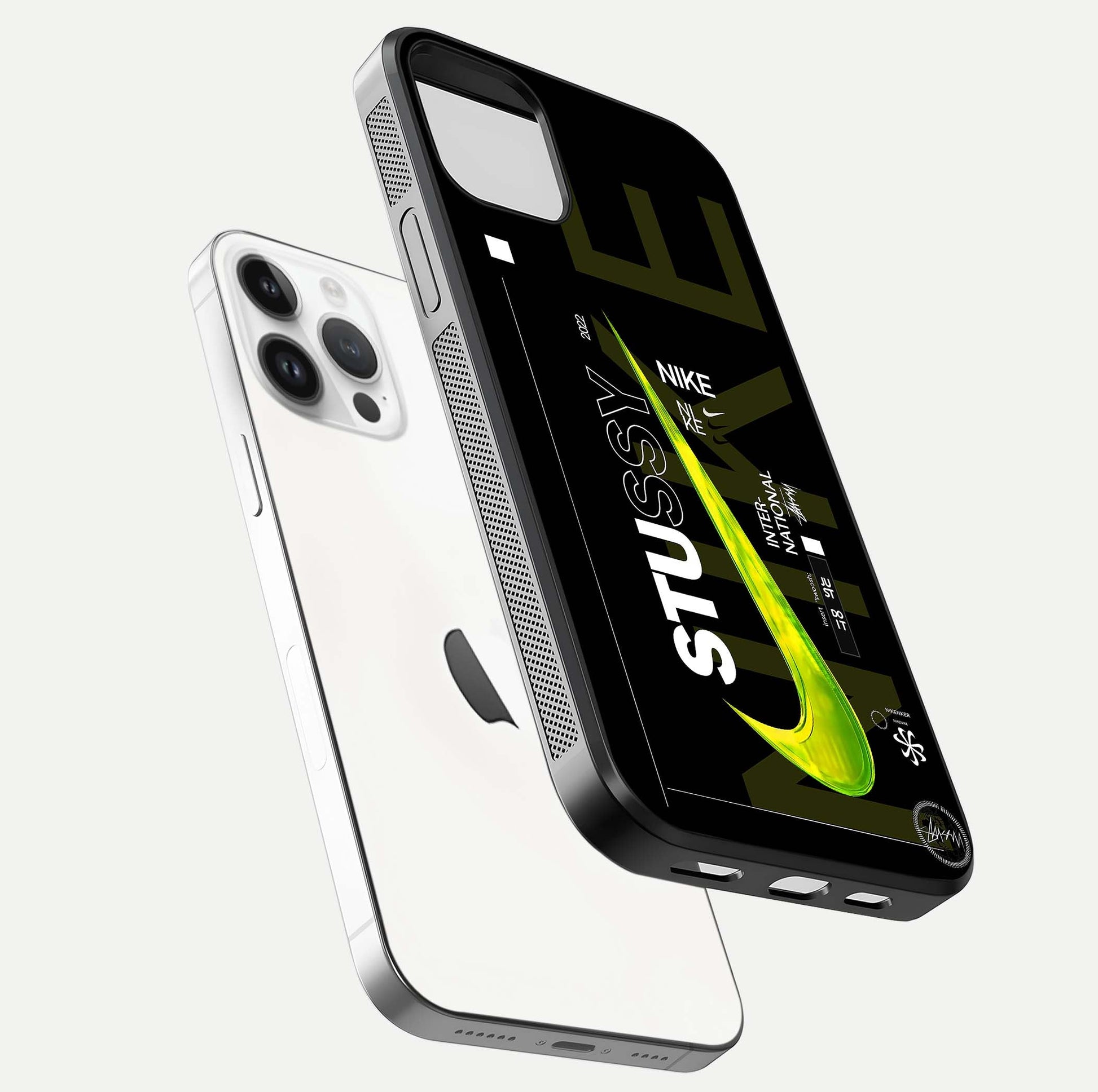 Neon Street Edition Glass Case for iPhone 14 Pro floating dual-view mockup showing HD gloss and neon glow