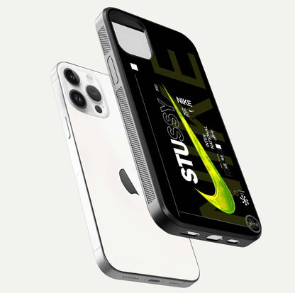 Neon Street Edition Glass Case for iPhone 14 Pro floating dual-view mockup showing HD gloss and neon glow