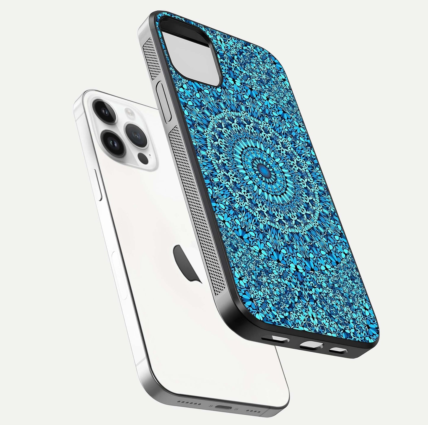 Ocean Bloom Mandala Glass Case for iPhone 14 Pro floating dual-view mockup showing gloss texture and print depth