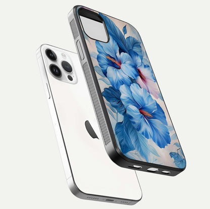 Ocean Hibiscus Grace Glass Case for iPhone 14 Pro floating dual-view mockup showing gloss reflection and print clarity