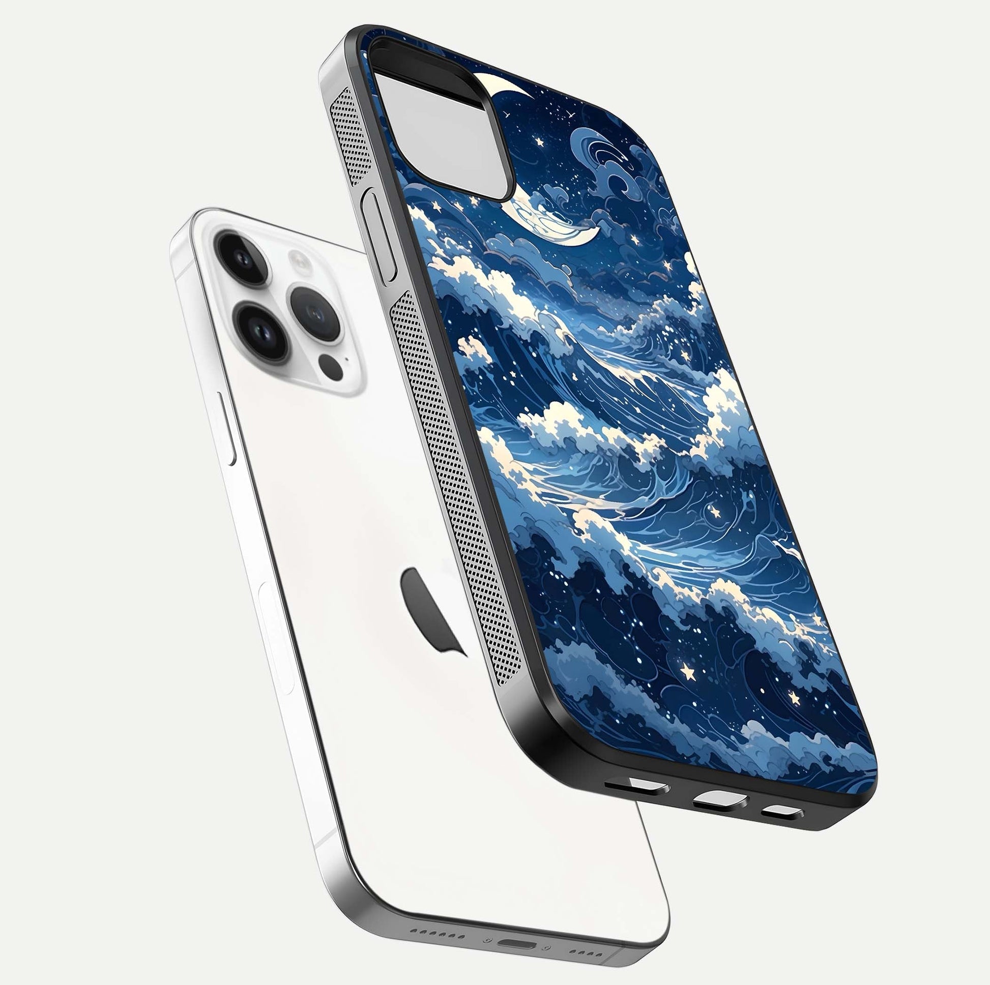 Ocean Moon Waves Glass Case for iPhone 14 Pro floating dual-view mockup showing gloss texture and moon glow