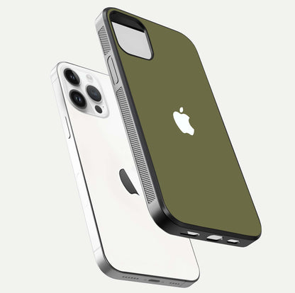 Olive Matte Essence Glass Case for iPhone 14 Pro floating dual-view mockup showing matte gloss and depth