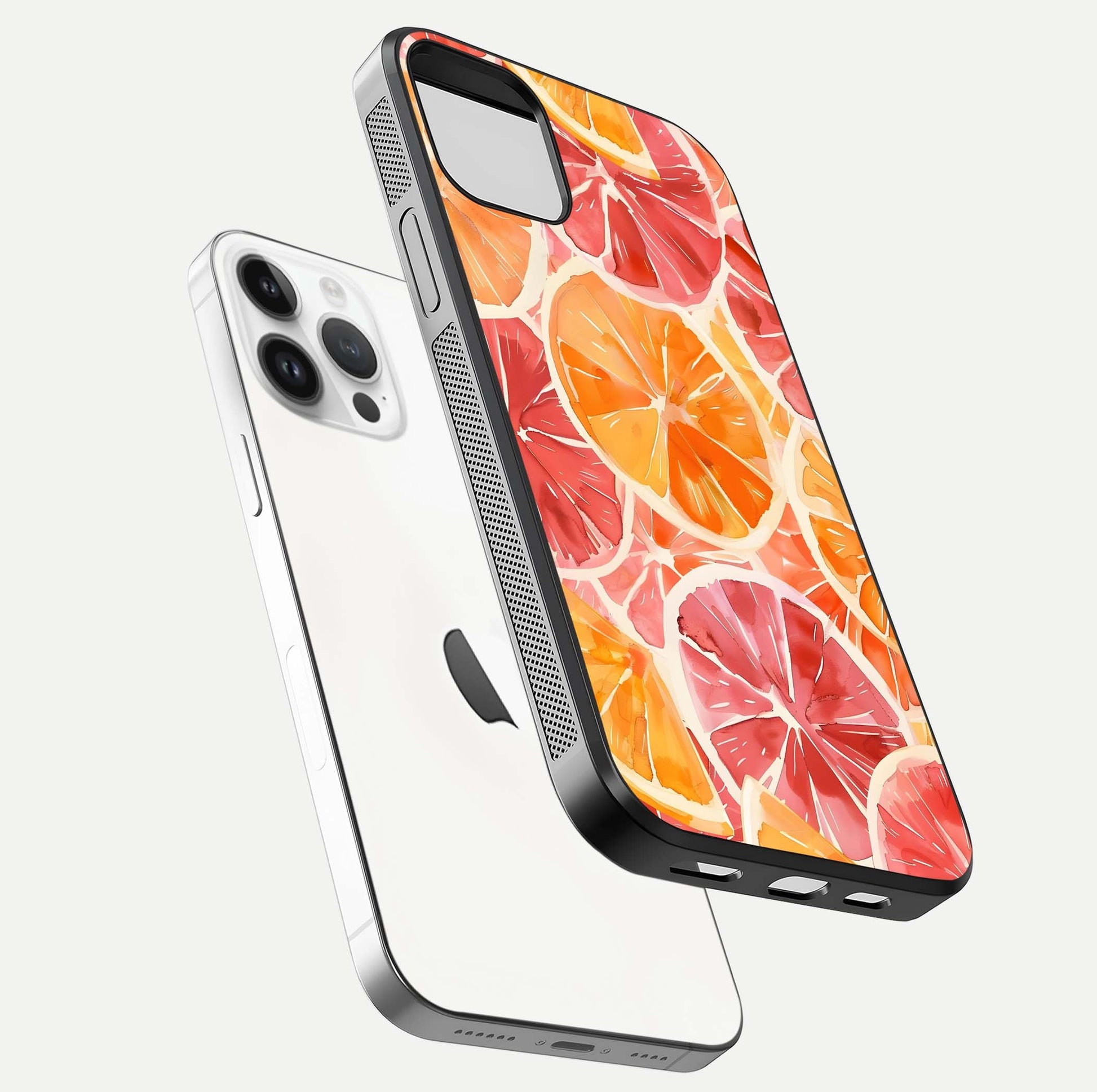 Orange Fruits Pattern Glass Case for iPhone 14 Pro floating dual-view mockup showing gloss reflection and HD tone