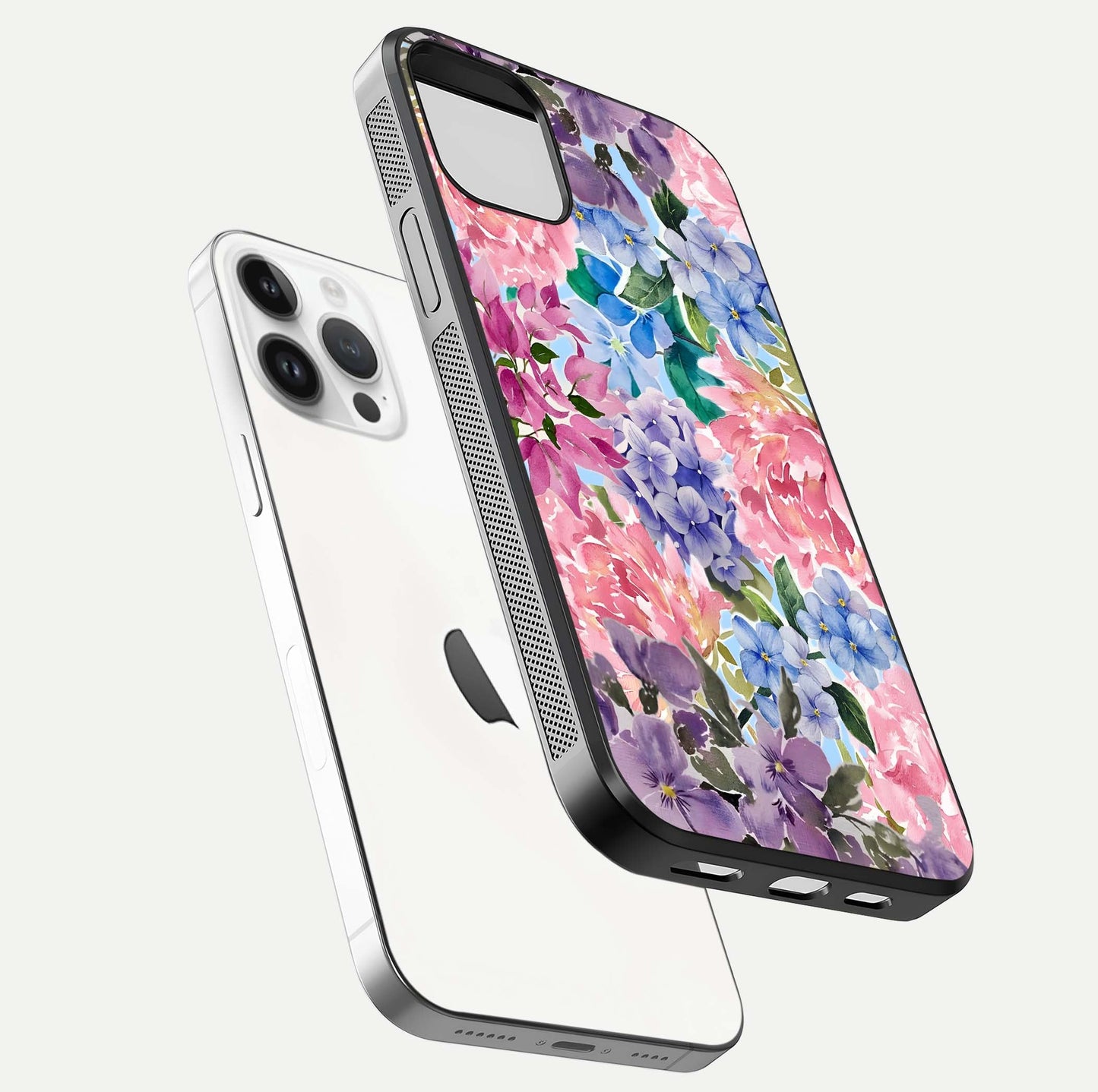 Pastel Floral Mix Glass Case for iPhone 14 Pro floating dual-view mockup showing HD gloss and floral texture
