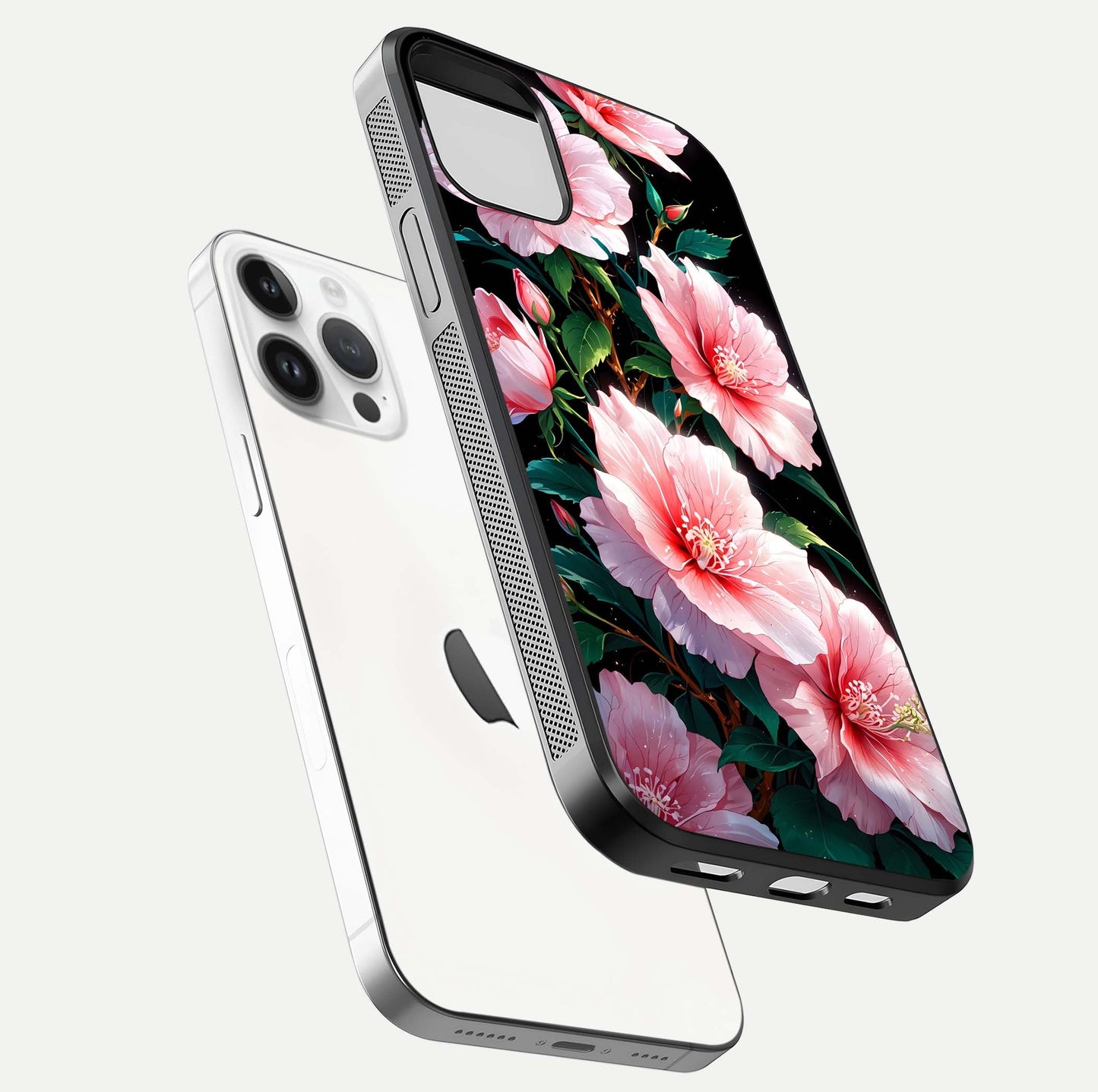 Peach Flower Glass Case for iPhone 14 Pro floating dual-view mockup displaying shine and delicate flower art